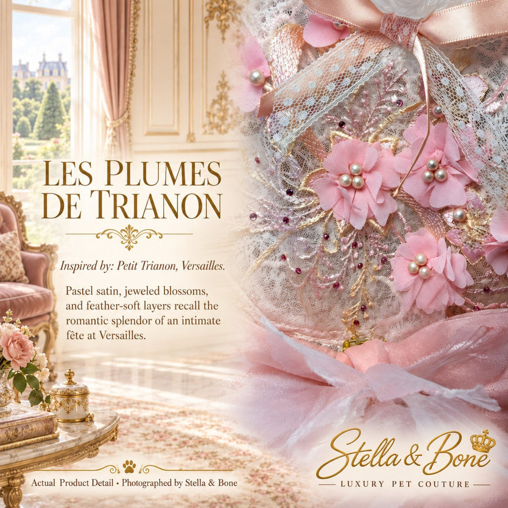 Close-up bodice of Les Plumes de Trianon luxury dog gown showcasing pink lace fabric, 3D jeweled blossoms, and pearls.