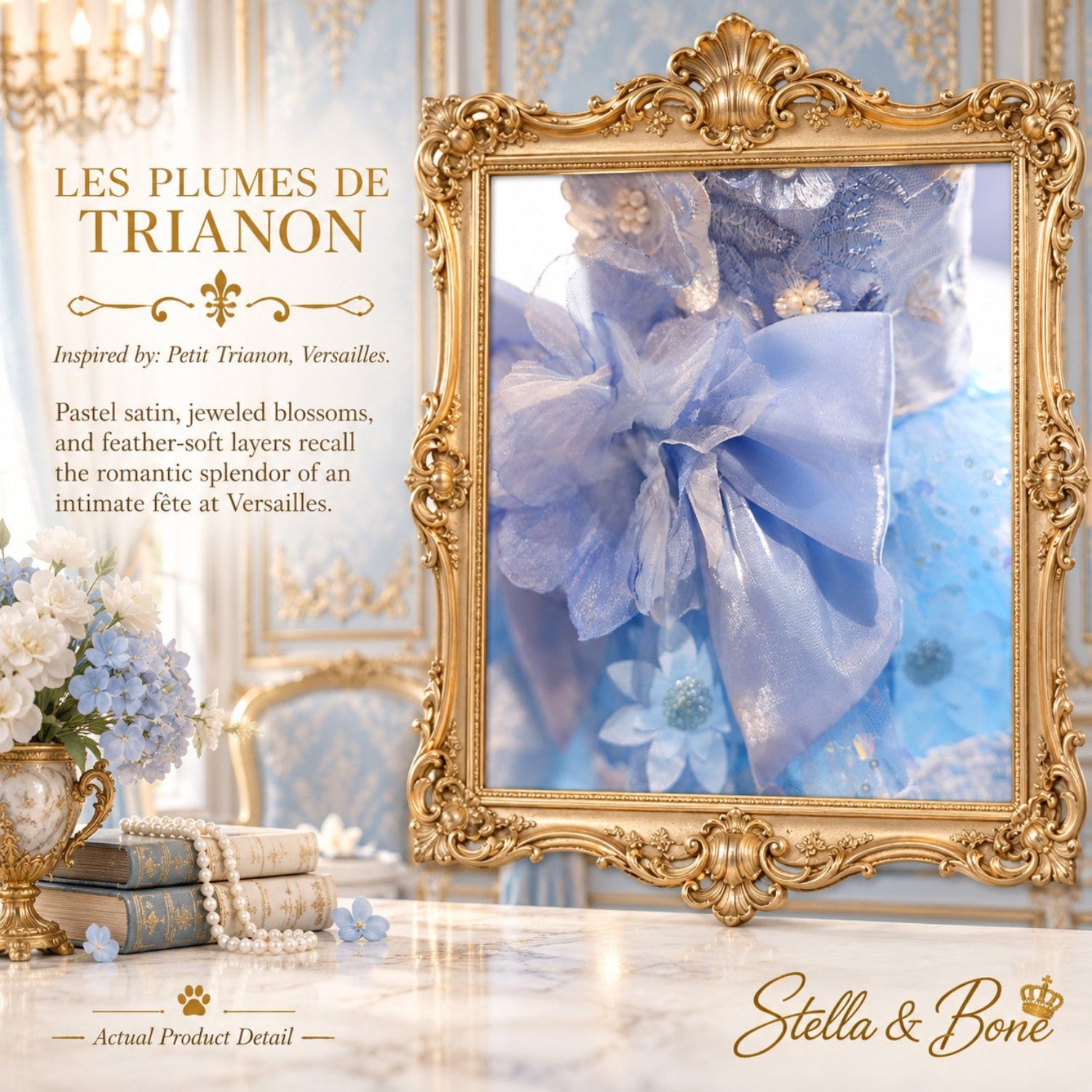  Blue Les Plumes de Trianon luxury dog gown reflected in a gold ornate mirror, perfect for a dog of honor at a wedding.
