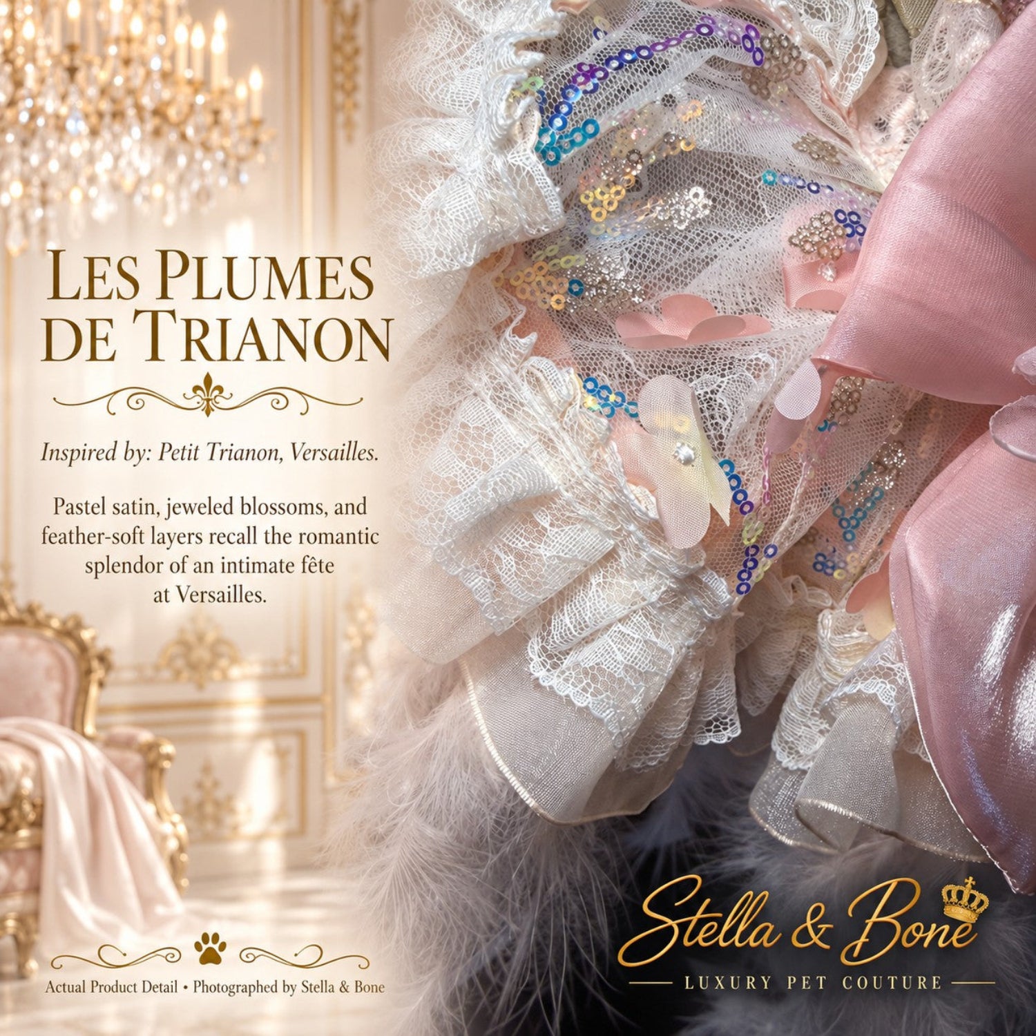 Detailed view of Les Plumes de Trianon luxury dog gown showing iridescent sequins, pastel lace ruffles, and a pink bow.