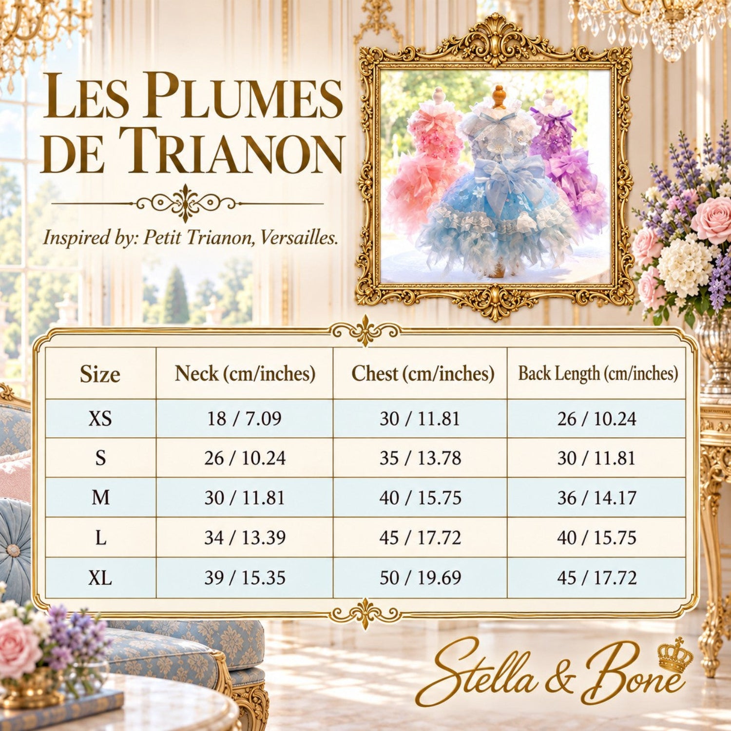 Size chart for Les Plumes de Trianon luxury dog gown, featuring measurement data for a bespoke custom wedding dress look.