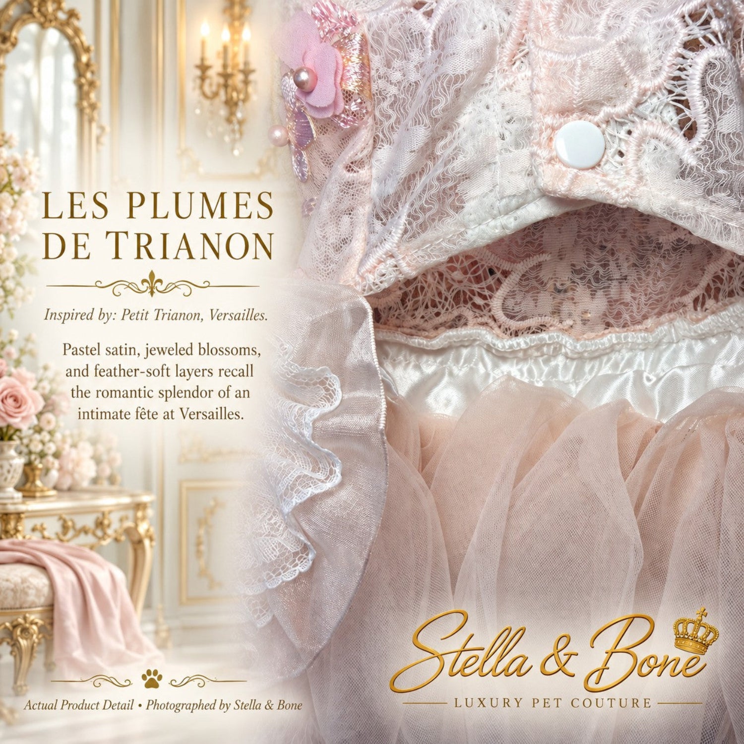 Close-up view of Les Plumes de Trianon luxury dog gown showing high-quality white snap buttons, pink lace, and satin lining.