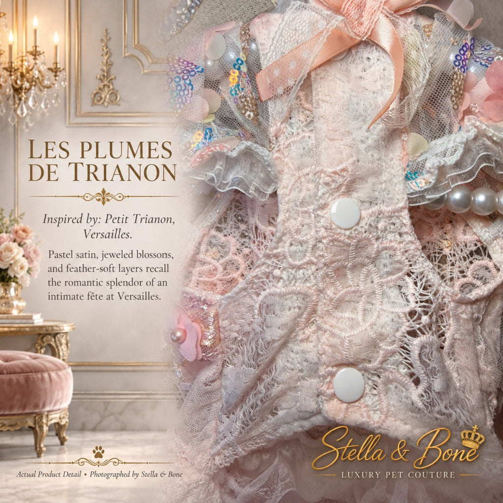 Tummy view of Les Plumes de Trianon luxury dog gown featuring white snap buttons, pink lace overlays, and pearl accents.