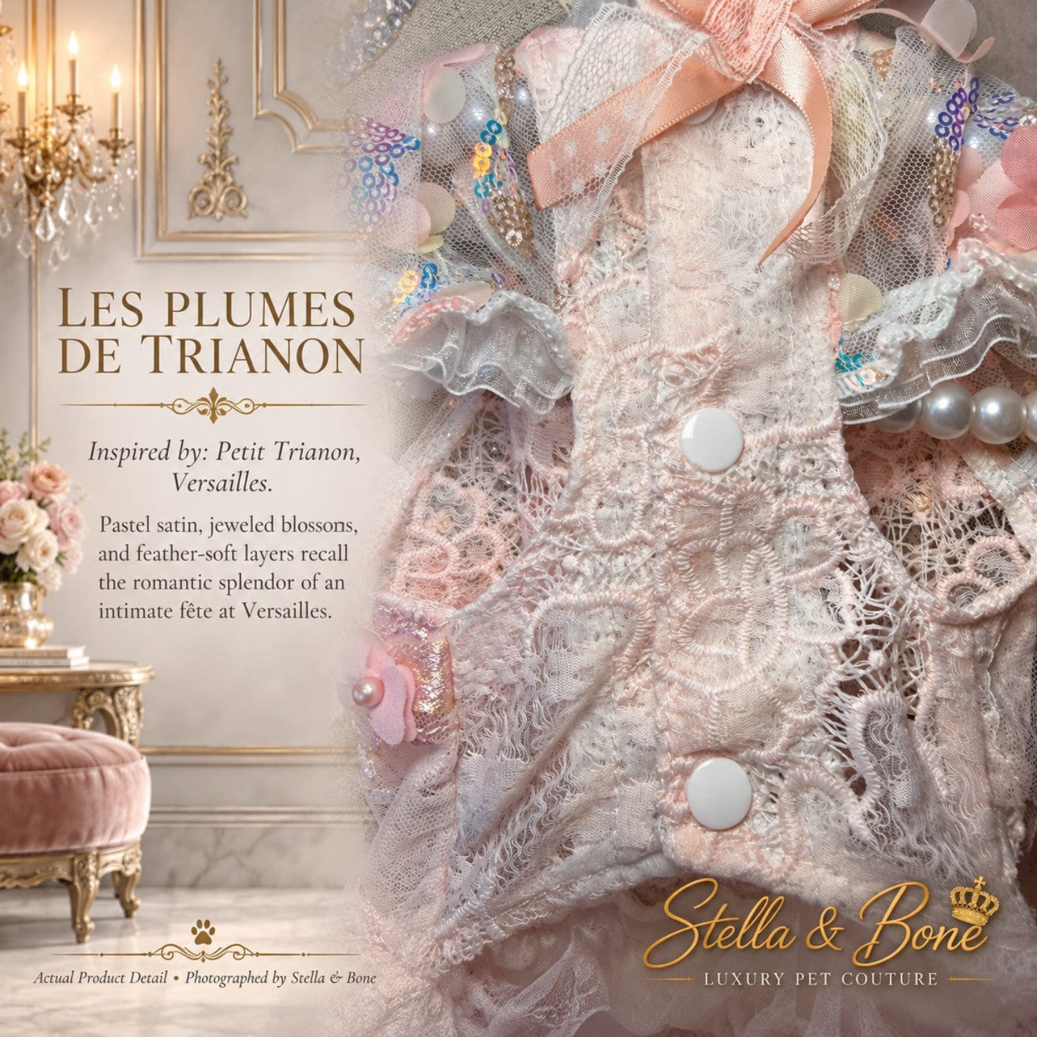 Tummy view of Les Plumes de Trianon luxury dog gown featuring white snap buttons, pink lace overlays, and pearl accents.