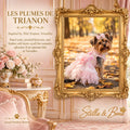 Pink Les Plumes de Trianon luxury dog gown with feathers worn by a Yorkie dog of honor at an outdoor estate wedding.