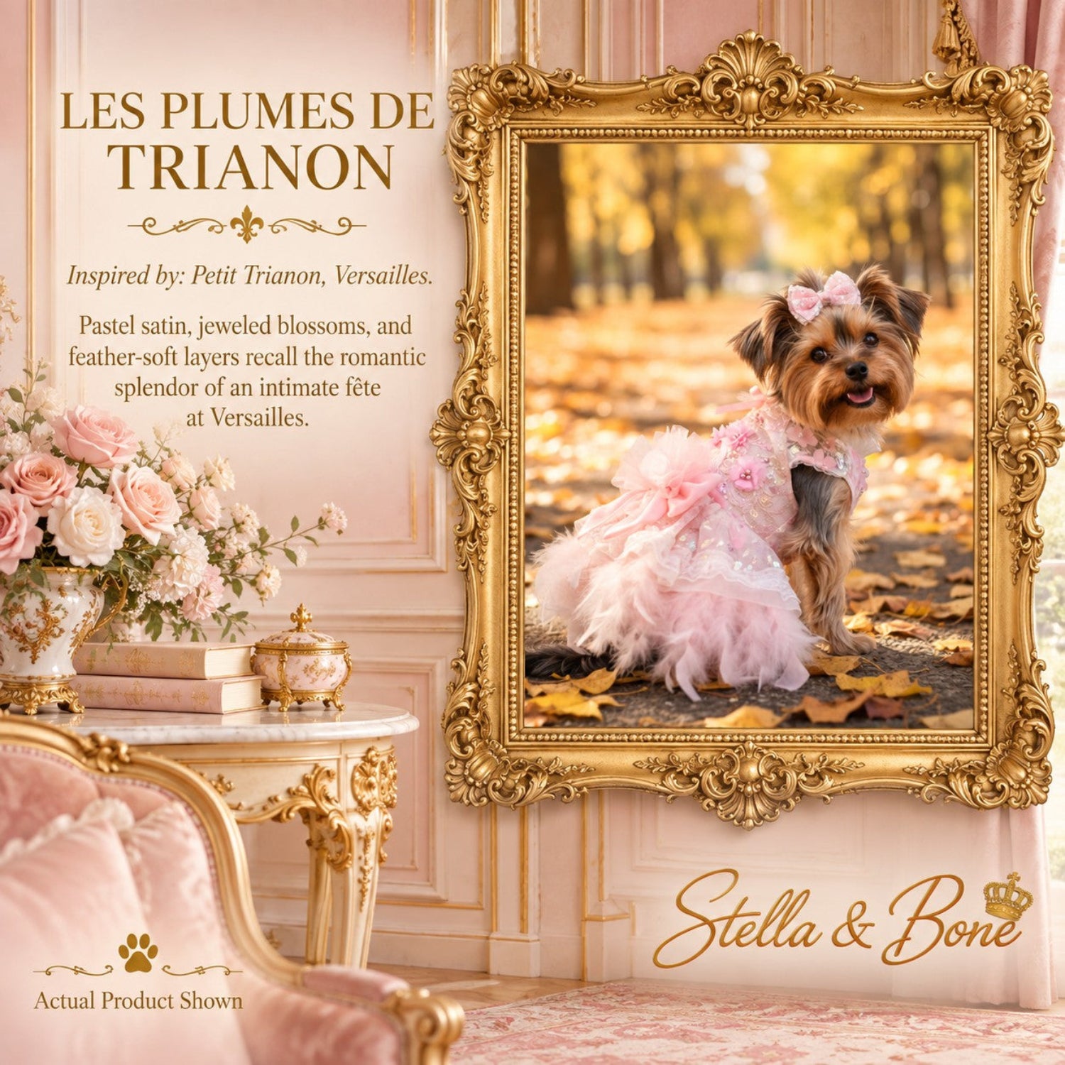 Pink Les Plumes de Trianon luxury dog gown with feathers worn by a Yorkie dog of honor at an outdoor estate wedding.