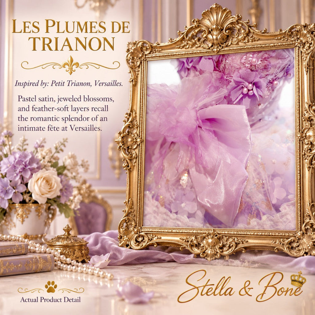  Purple Les Plumes de Trianon luxury dog gown reflected in gold mirror, perfect for a dog flower girl