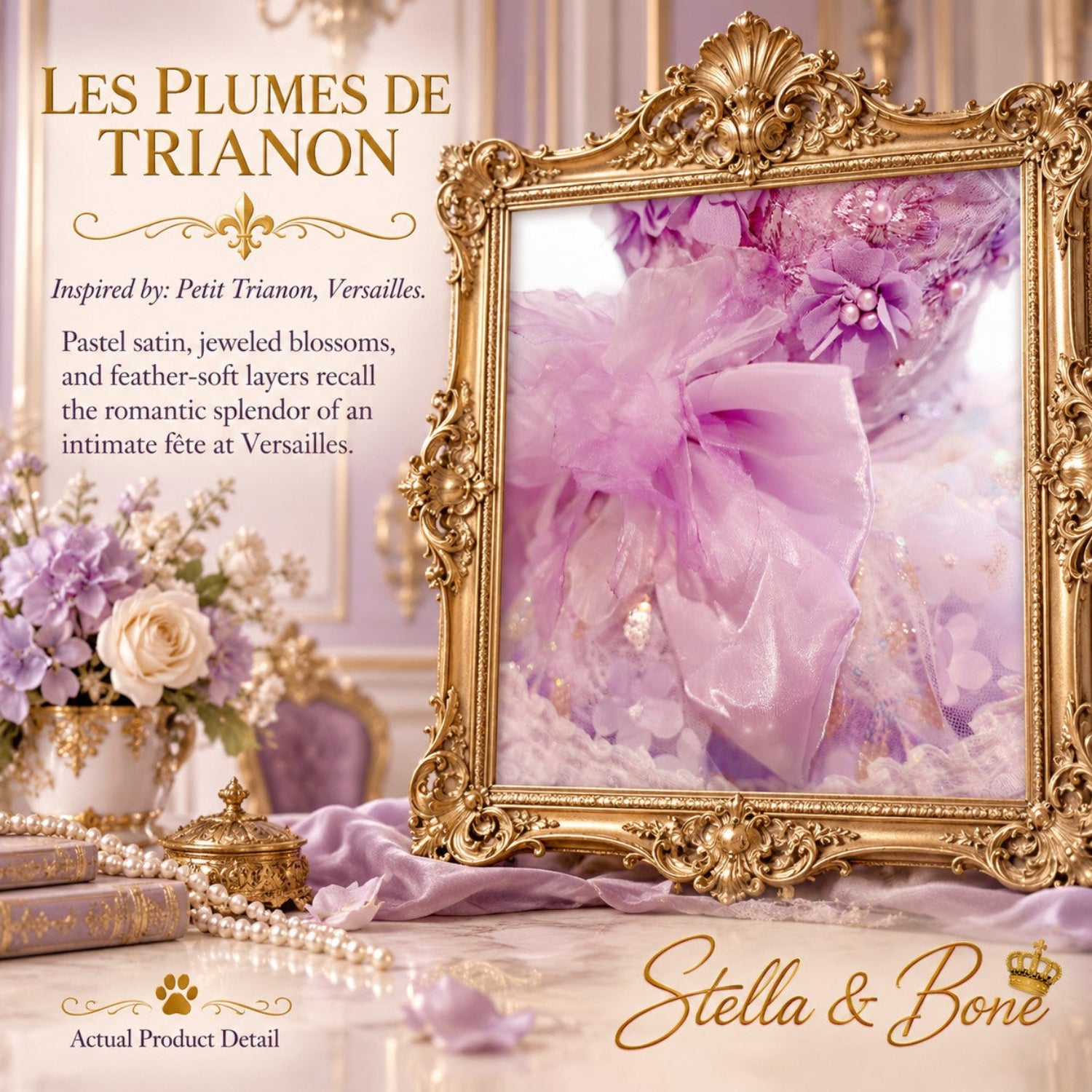  Purple Les Plumes de Trianon luxury dog gown reflected in gold mirror, perfect for a dog flower girl