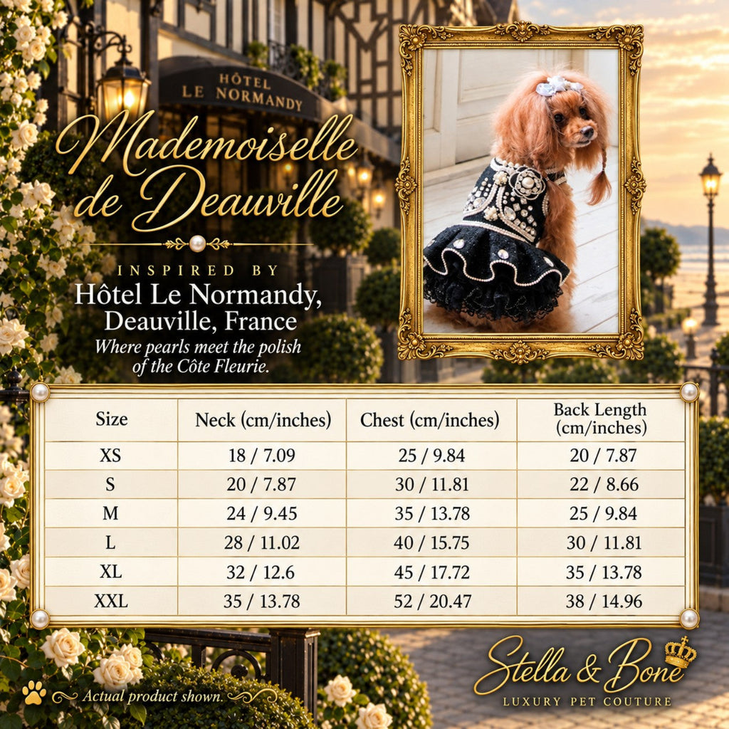 Size chart for Mademoiselle de Deauville luxury dog dress listing neck, chest, and back lengths from XS to XXL and customization