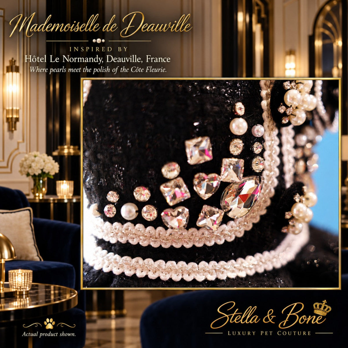 Macro detail of Mademoiselle de Deauville luxury dog wedding dress tweed fabric with rhinestone hearts and pearl trim.