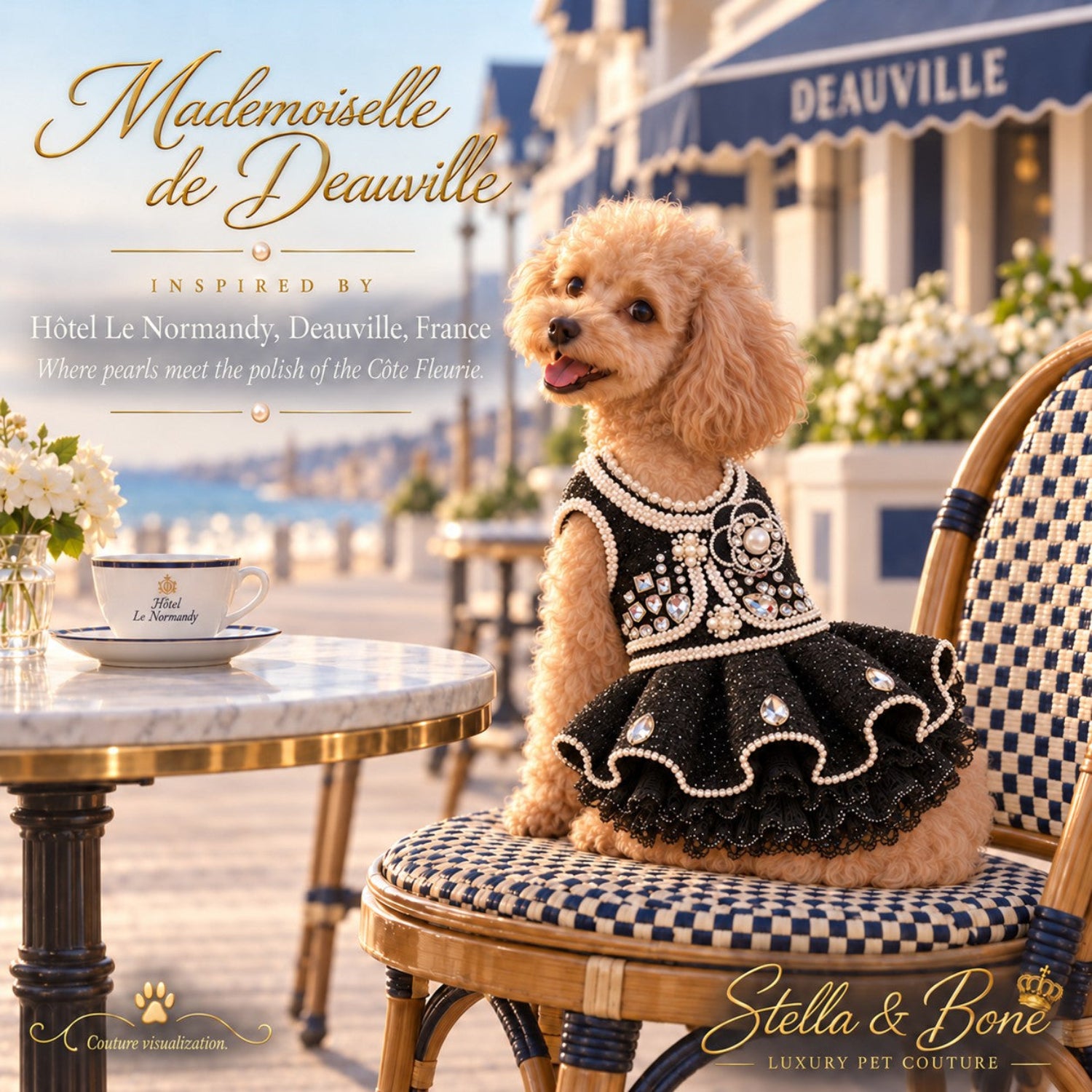 Apricot poodle wearing Mademoiselle de Deauville luxury black dog dress sitting on a French café chair by the sea.
