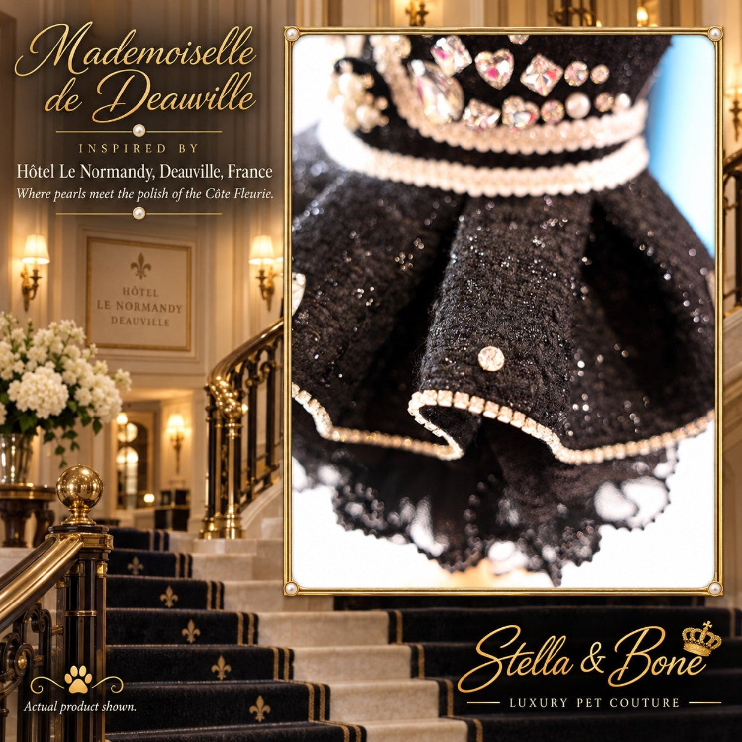 Mademoiselle de Deauville luxury dog dress showing the pleated black tweed skirt with a shimmering tulle underskirt