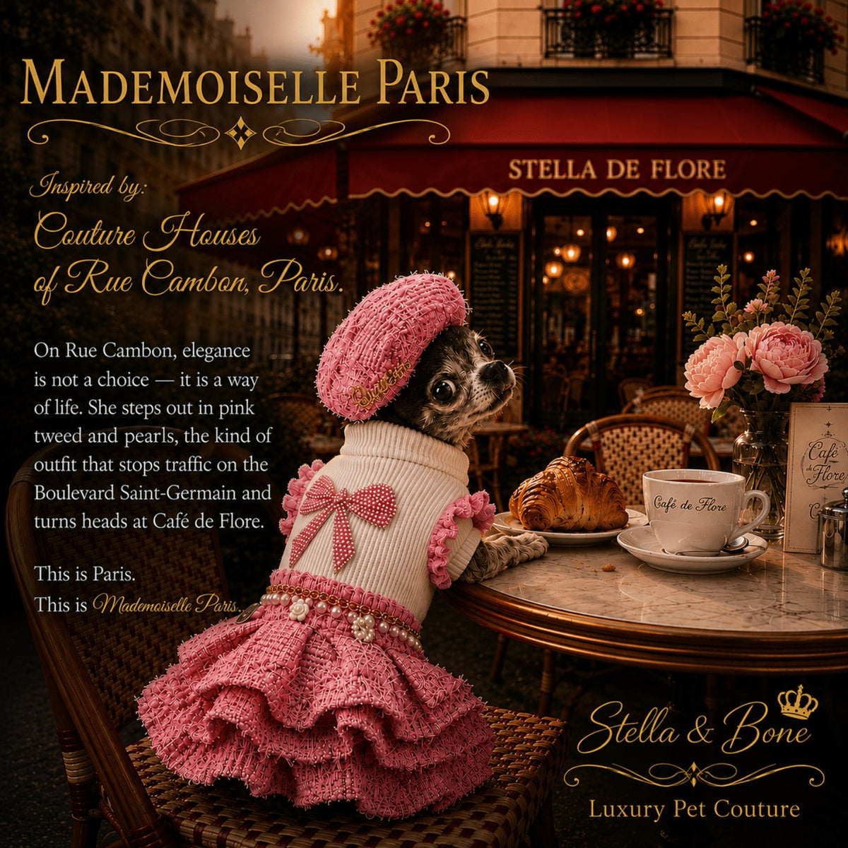 Chihuahua dressed in Mademoiselle Paris,  pink knit beret, cream knit sweater, and pink ruffled skirt at a cafe table