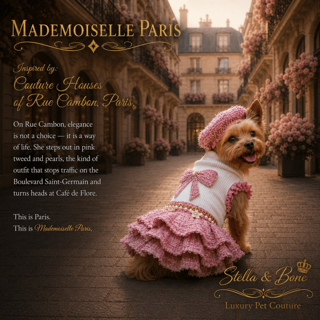 Yorkie wearing Mademoiselle Paris, pink crocheted hat, white top, and pink ruffled skirt on a cobblestone street in Paris