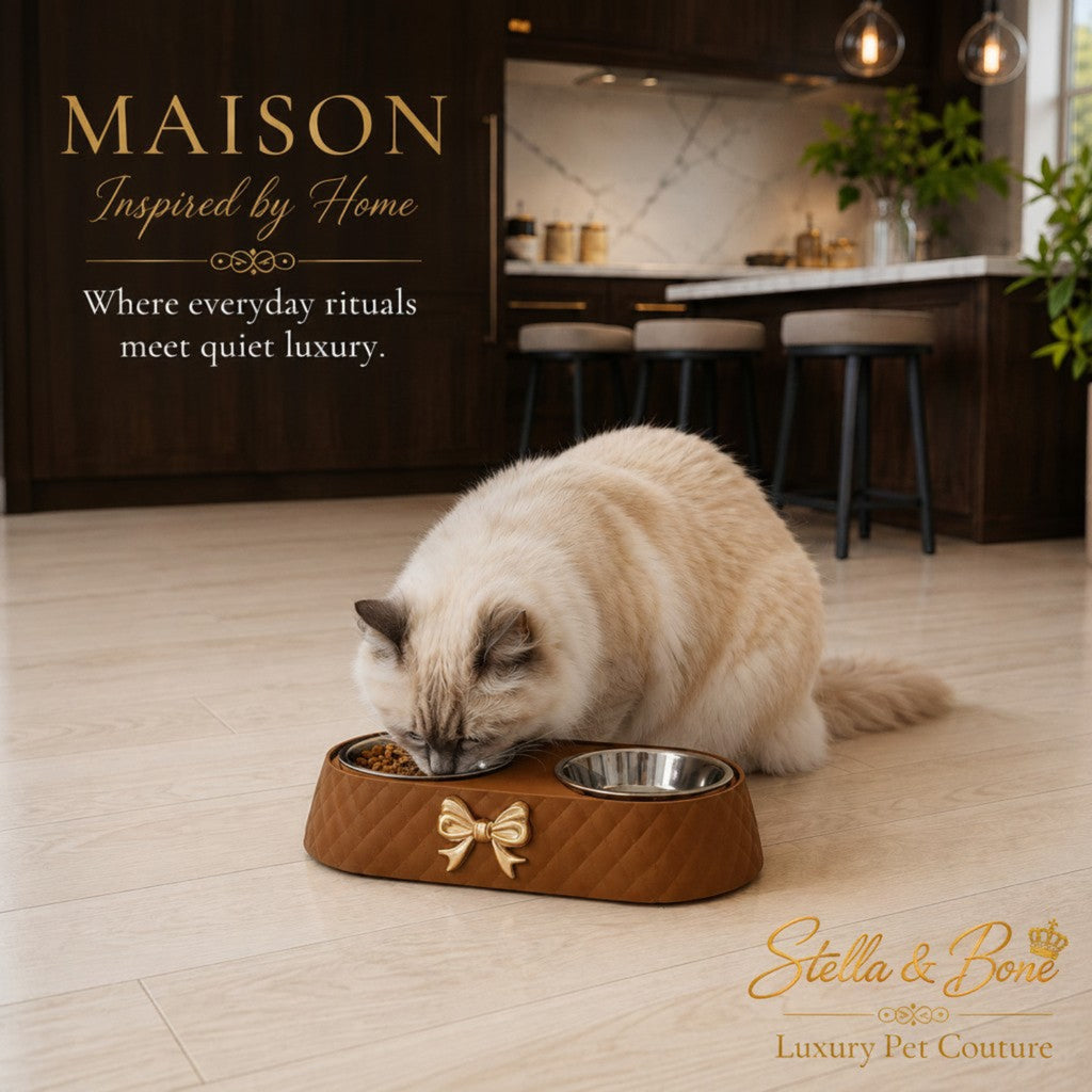 Maison quiet luxury brown quilted double cat bowl with gold bow detail as a longhaired colorpoint cat eats.