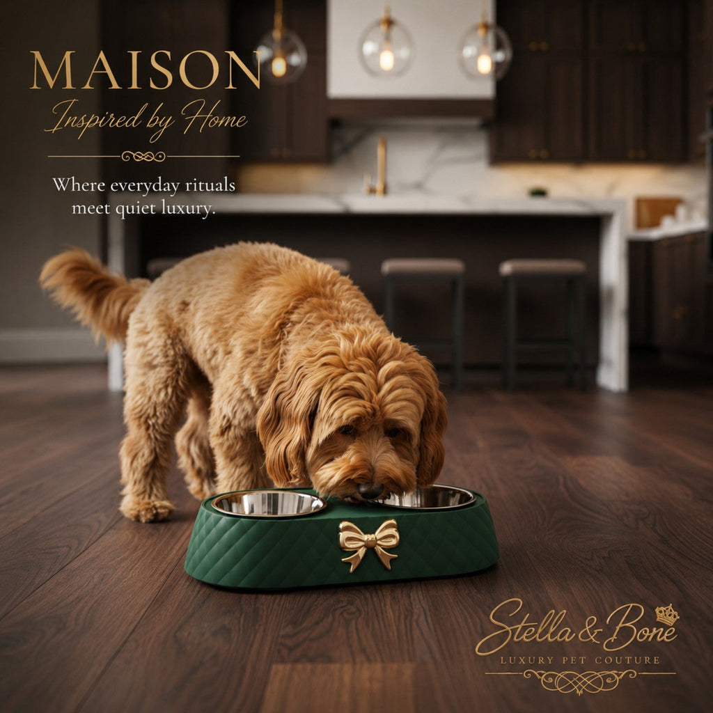 A golden dog lowers its head to a dark green quilted dog bowl, Maison with two stainless steel bowls and a gold bow detail