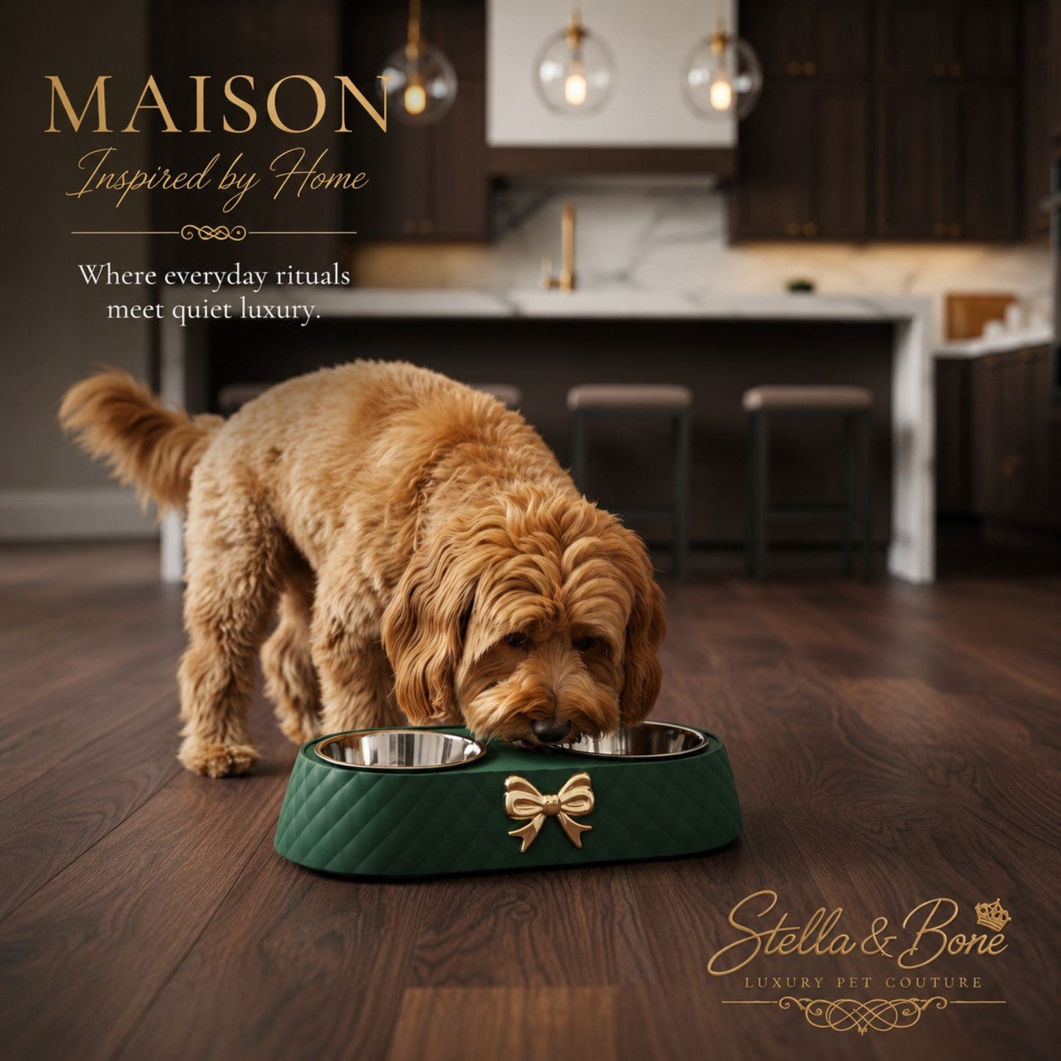 A golden dog lowers its head to a dark green quilted dog bowl, Maison with two stainless steel bowls and a gold bow detail