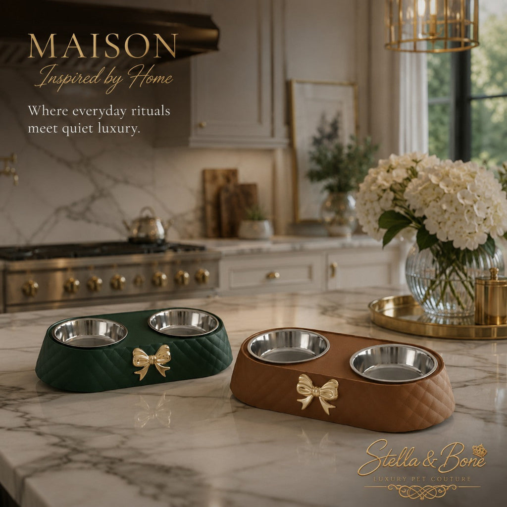 Maison quiet luxury quilted double pet bowls with gold bow details on a marble kitchen island counter.