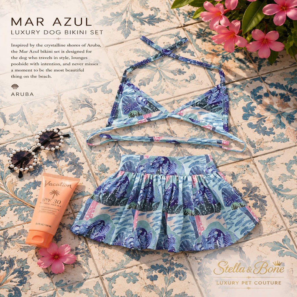 Mar Azul Dog bikini set with floral pattern - lightweight, 2-piece pet swimwear. Photoshoot fun for the lake, beach or pool