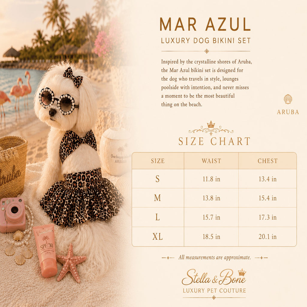 Mar Azul size chart, dog wearing leopard bikini set with a flirty skirt. Great for photoshoots, pool, lake or beach