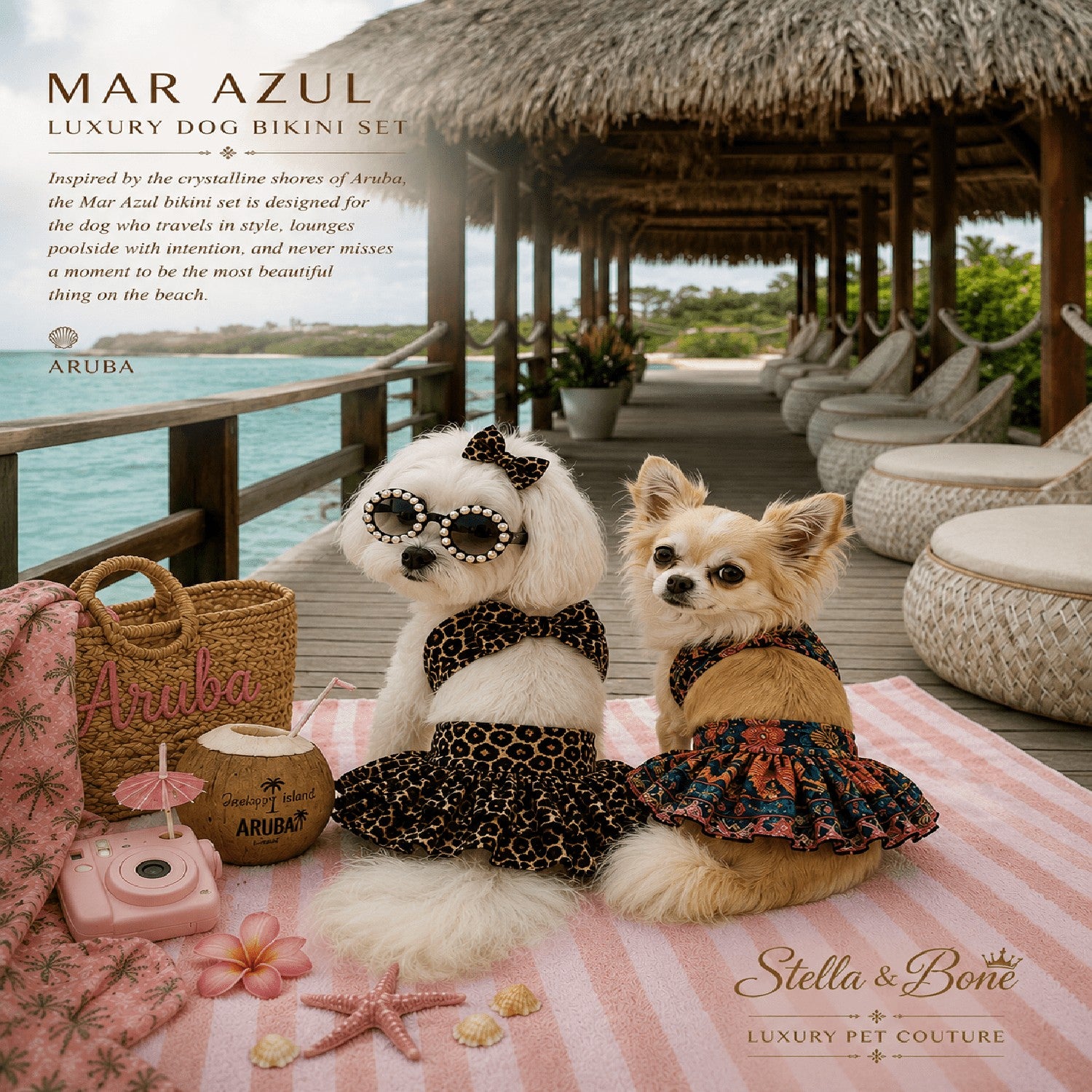 Two dogs wearing Mar Azul in leopard and floral print bikinis. Soft, stretchy and quick dry, Luxury pet swimwear