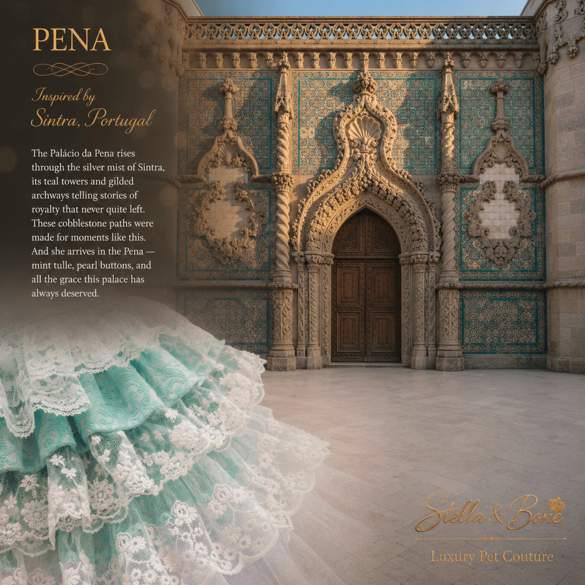 Close-up detail of Pena luxury dog dress showing layers of mint tulle and intricate white lace embroidery.