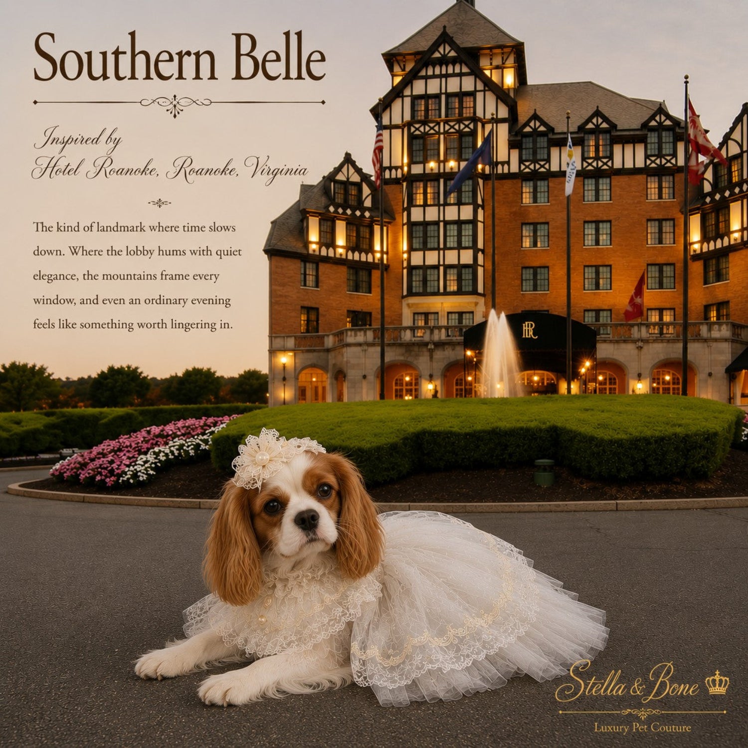 Cavalier King Charles Spaniel dog wearing Southern Belle, white lace bridal-style dress 