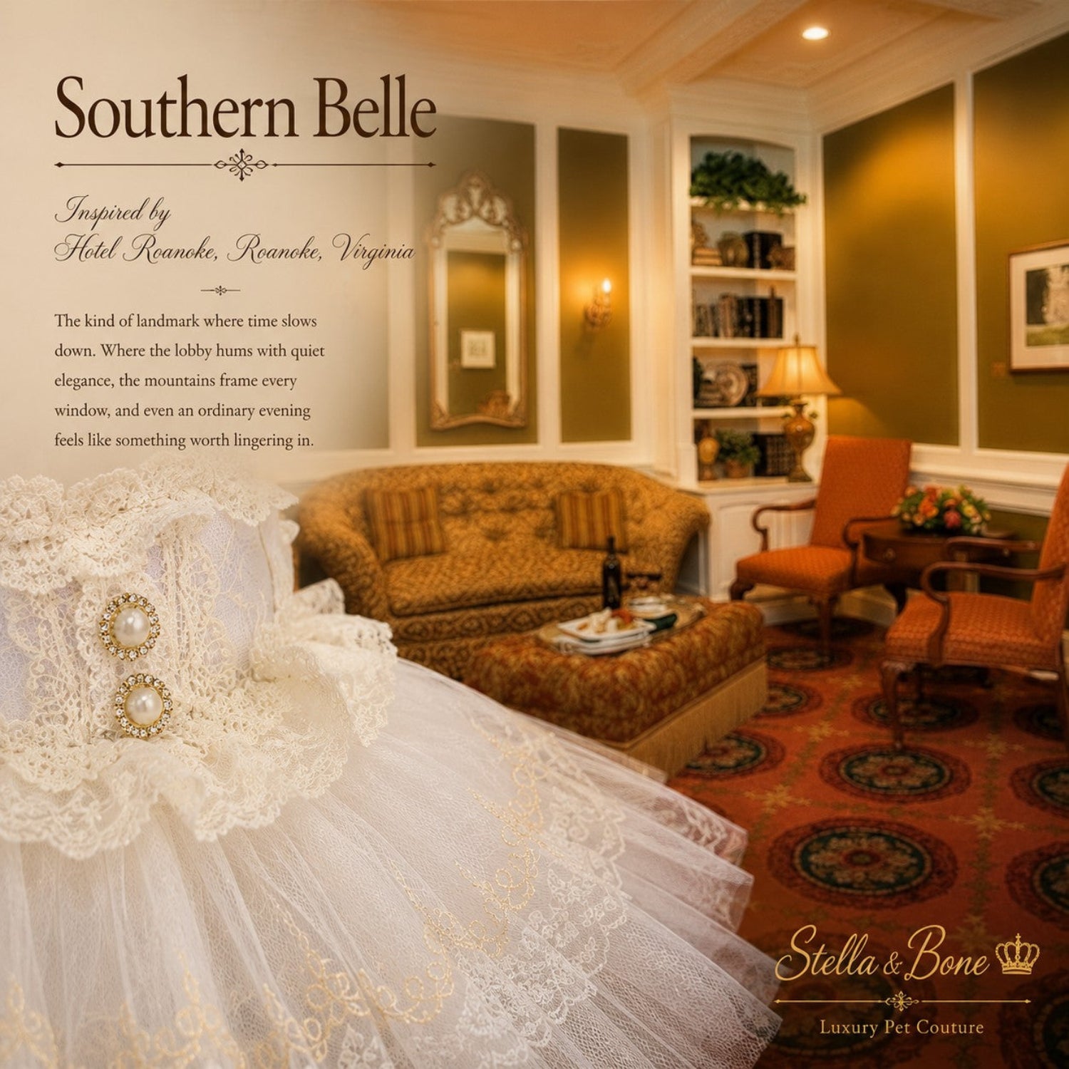 Southern Belle, white lace-trimmed pet dress in an elegant hotel lobby, designer dog dress