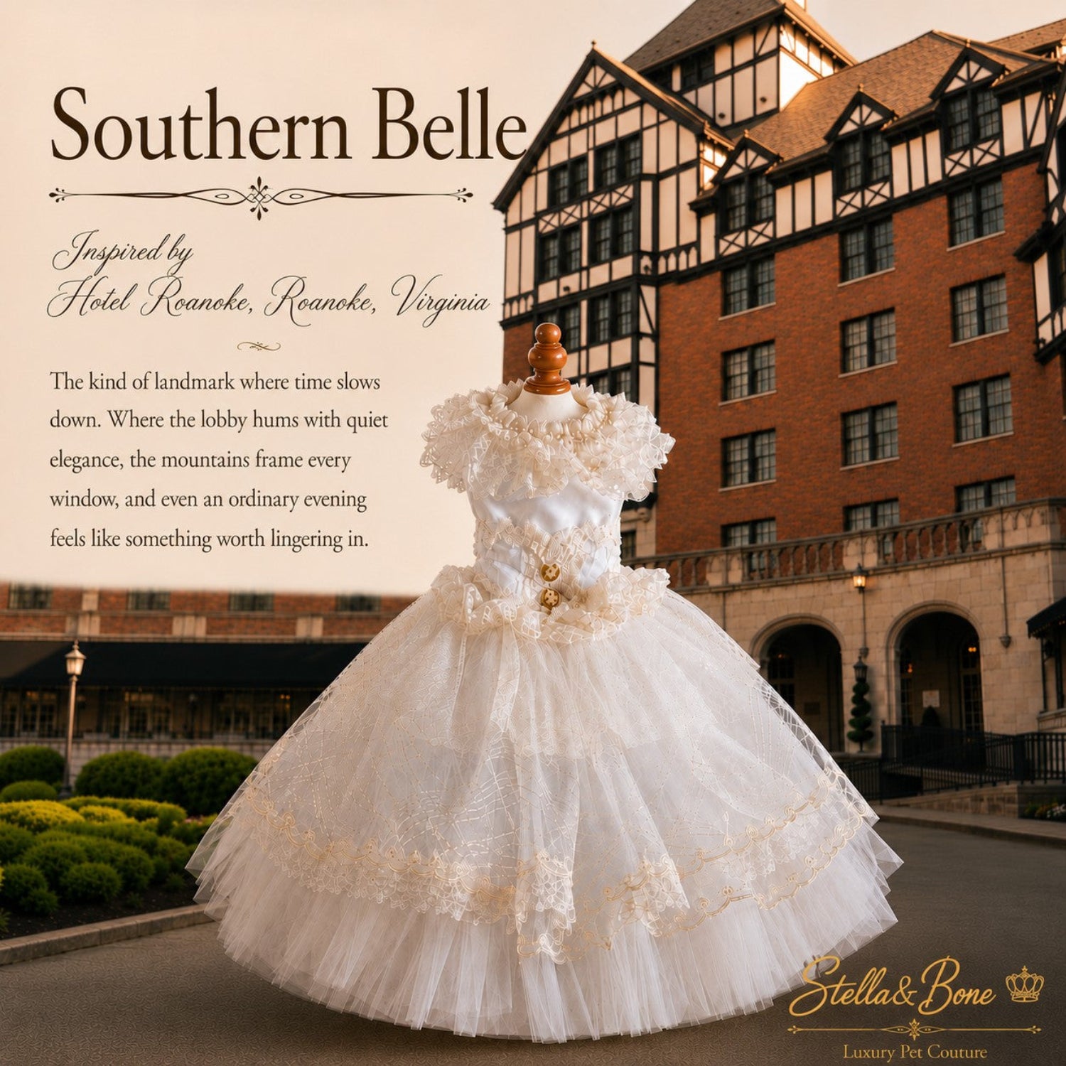 Southern Belle, Luxury dog wedding gown featuring elegant ivory couture for bridal dogs and formal celebrations.
