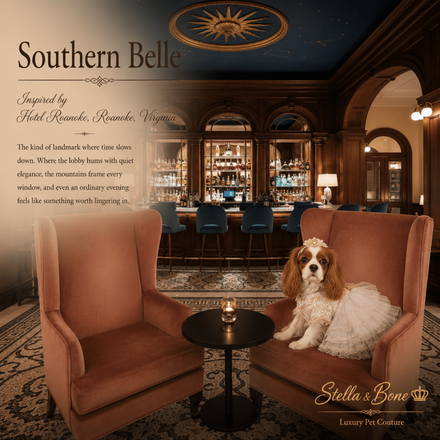 King Charles wearing Southern Belle, dog wedding attire couture, custom designer option, luxury pet boutique