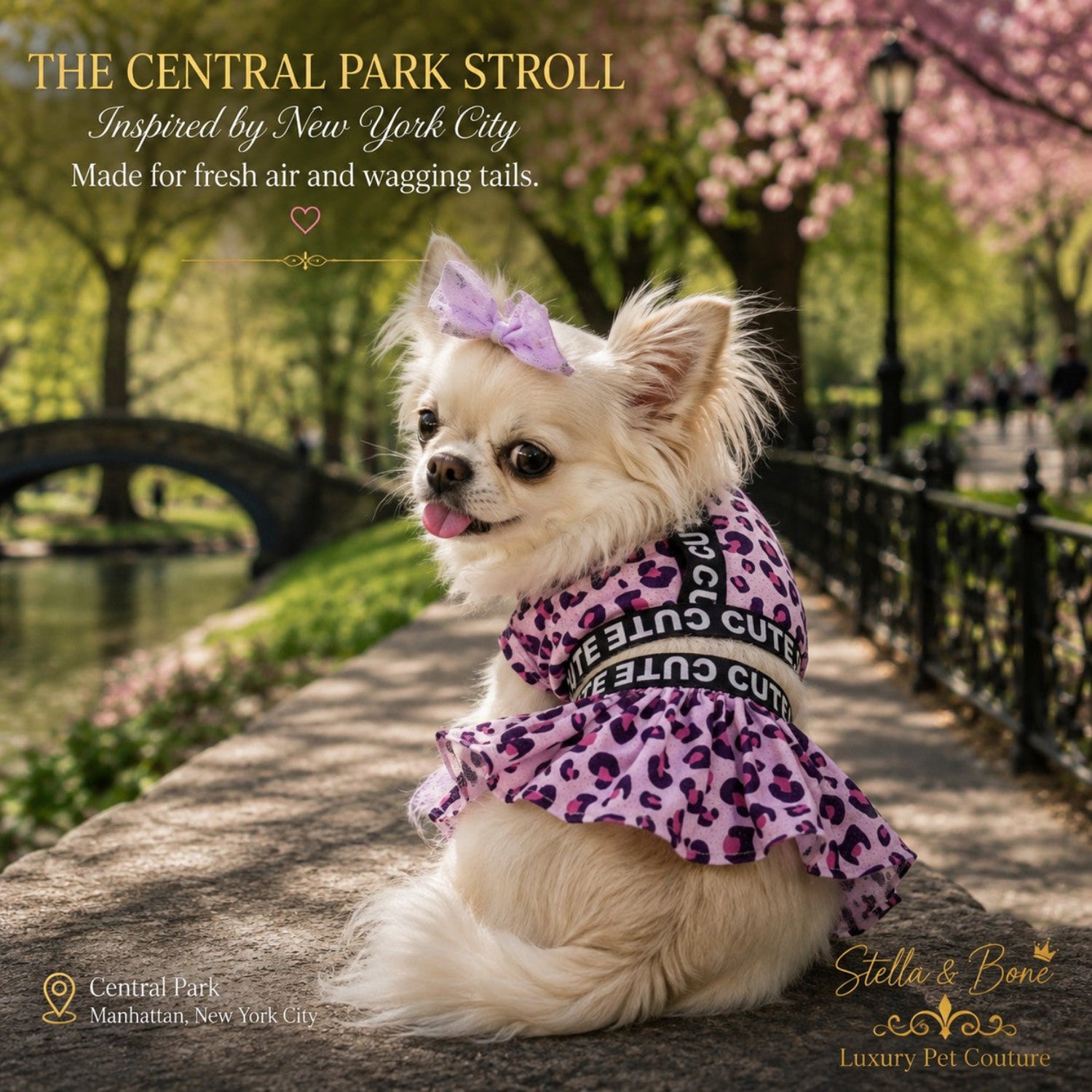 The Central Park Stroll luxury dog dress in pink leopard print worn by a long-haired Chihuahua by a New York park bridge.