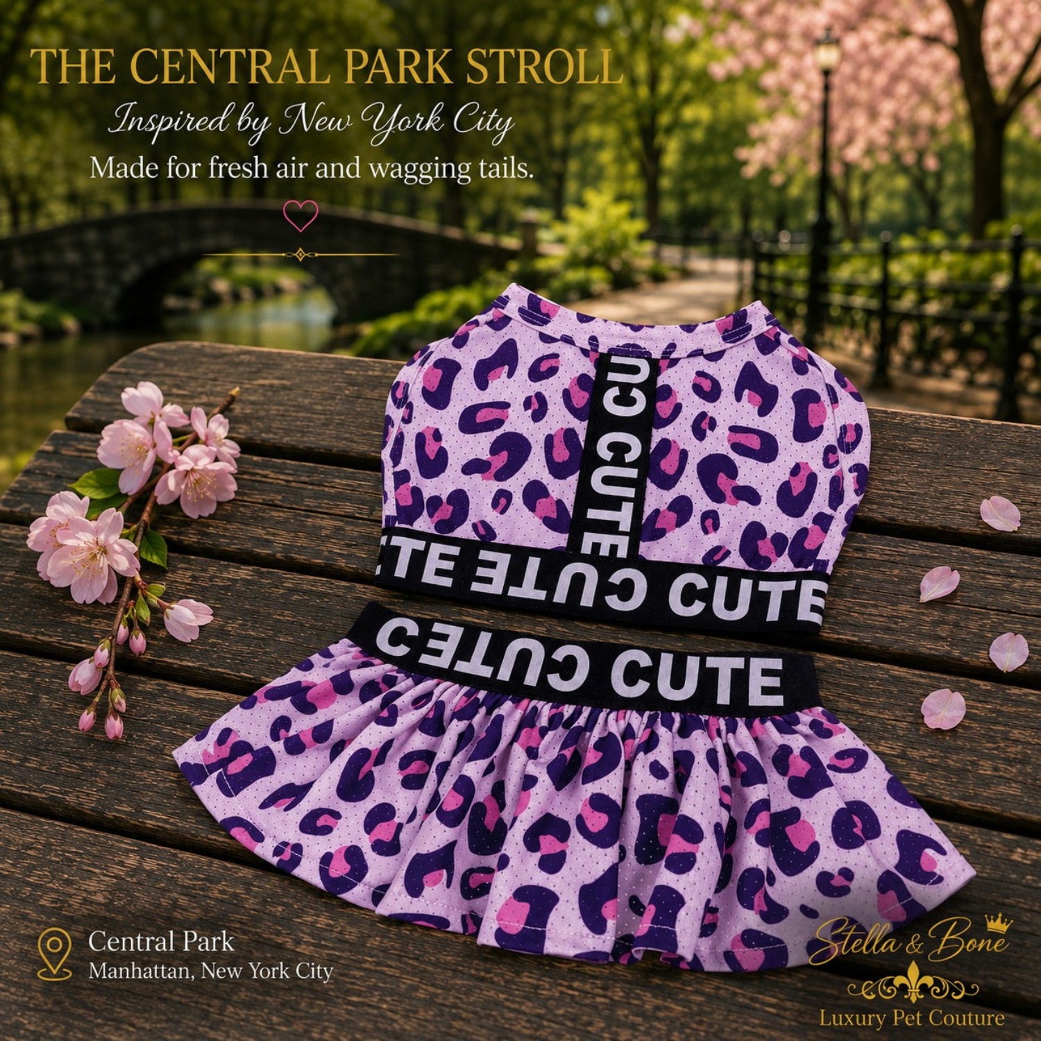 Flat lay view of The Central Park Stroll luxury dog dress in pink leopard print on a wooden bench with cherry blossoms.