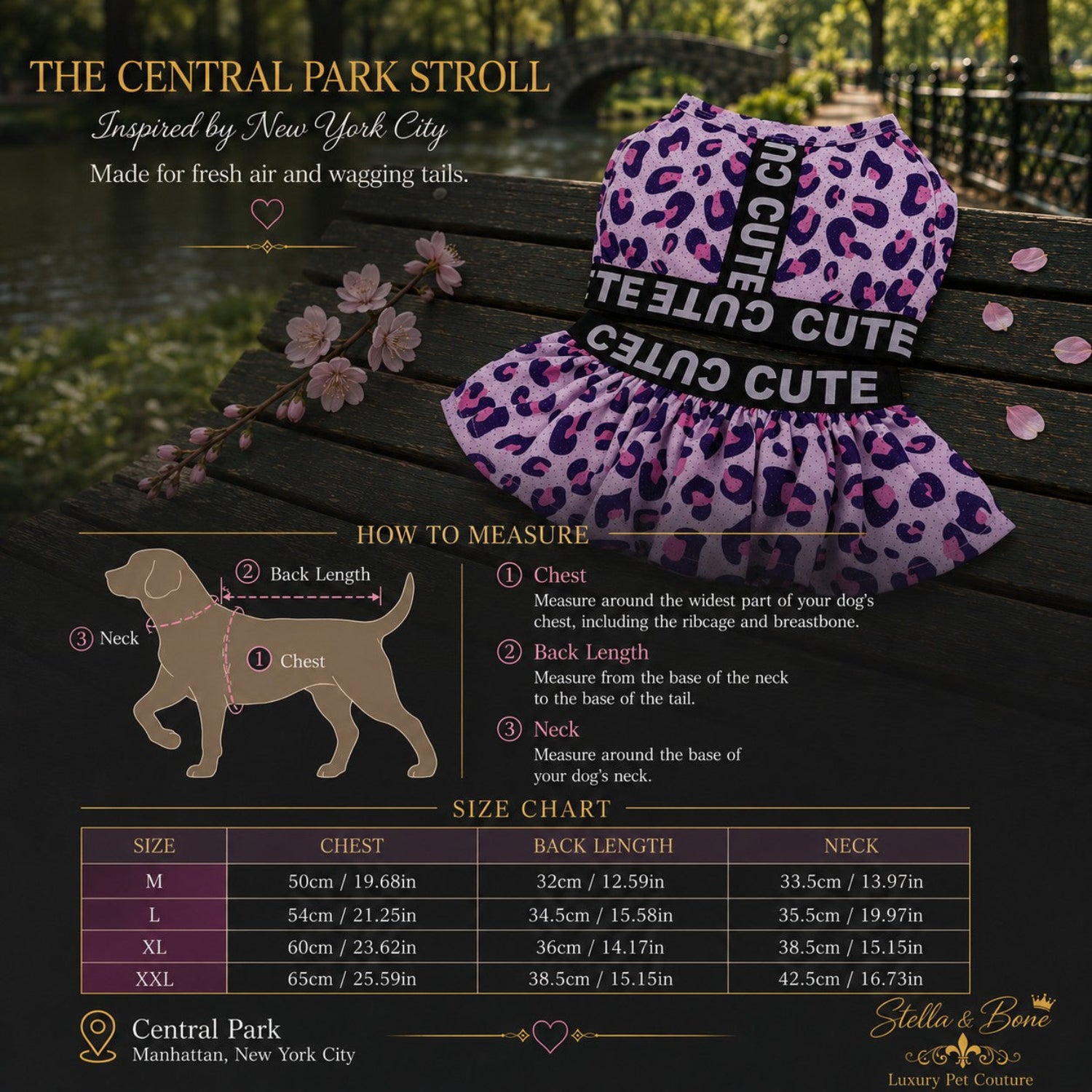 Sizing chart for The Central Park Stroll luxury dog dress, showing how to measure a dog’s chest, back length, and neck.