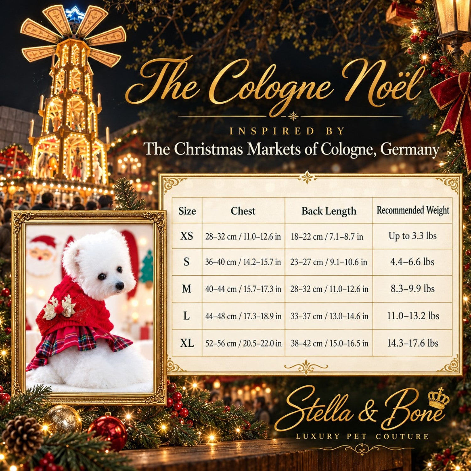The Cologne Noel, festive holiday sweater pet dress size chart - XS-XL for dogs and cats