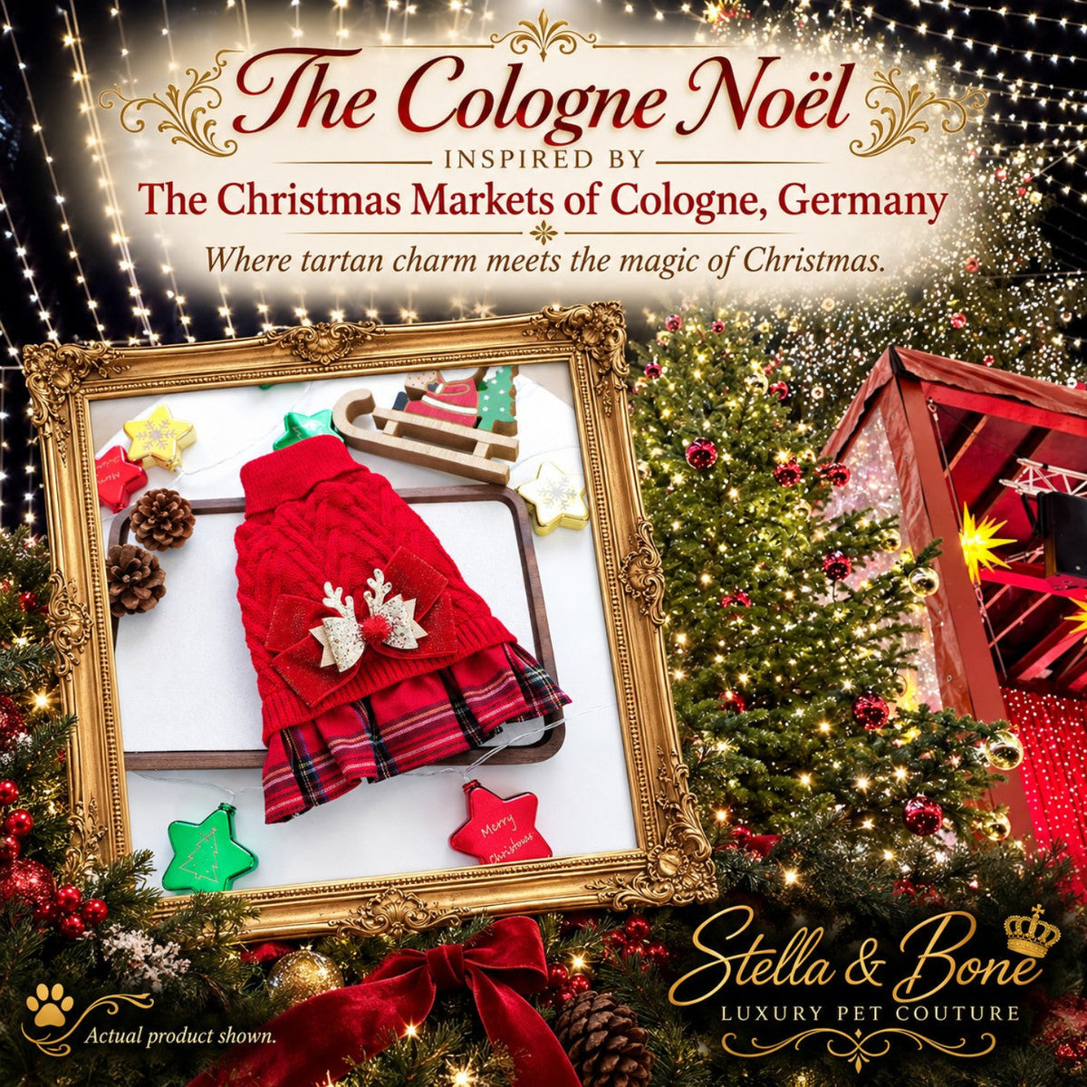 The Cologne Noel holiday tartan dog sweater dress with reindeer bow flat lay inside a gold frame