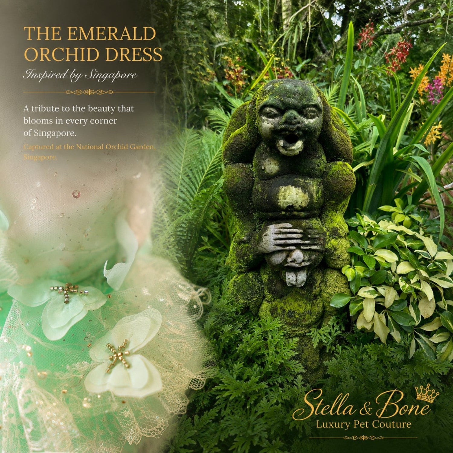 The Emerald Orchid couture dog wedding dress details displayed next to a mossy stone statue at the National Orchid Garden