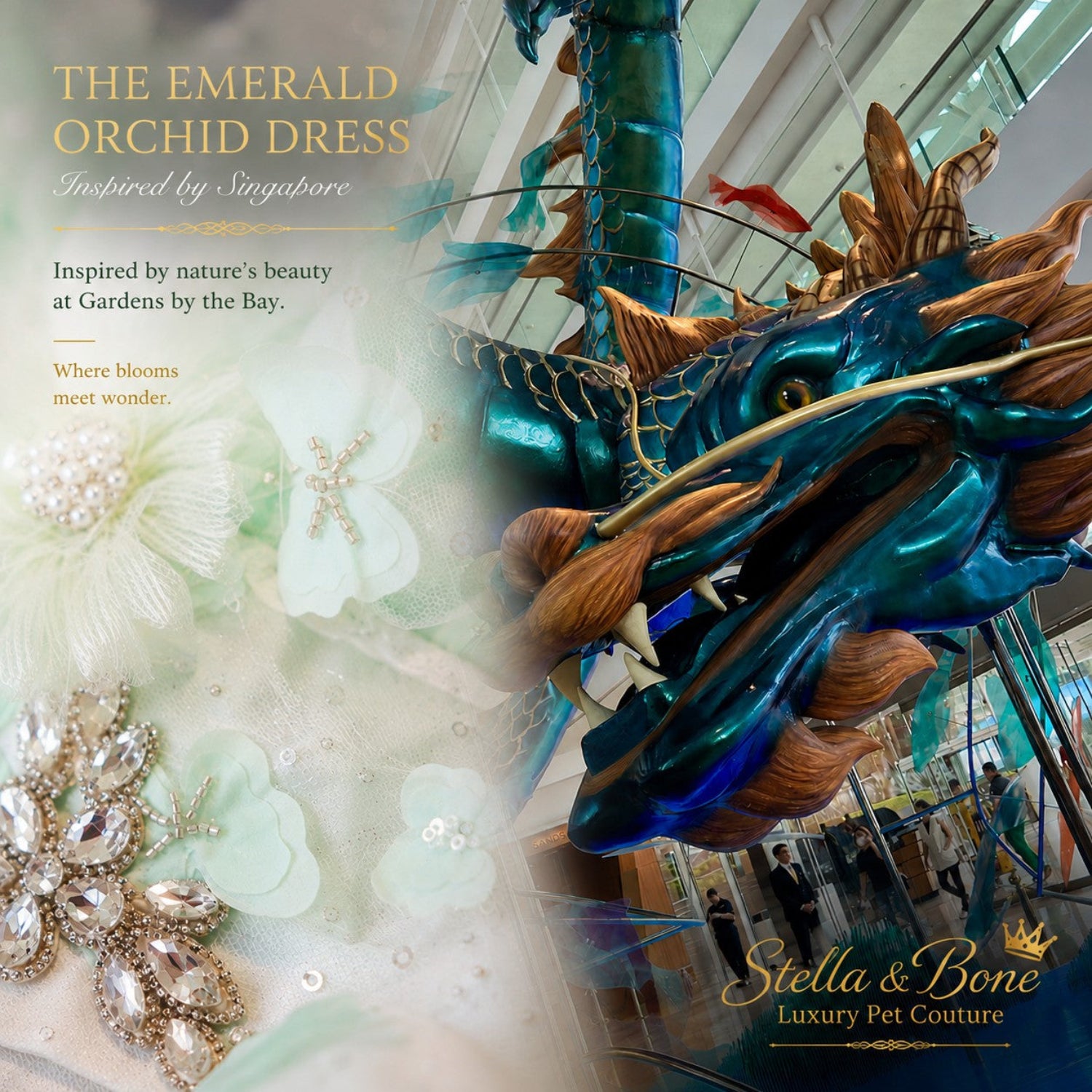 Close-up details of The Emerald Orchid dress featuring mint floral blossoms, pearls, rhinestones, and a Singapore dragon