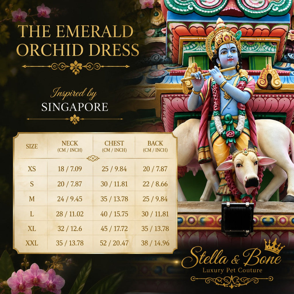 Size chart for The Emerald Orchid dress, featuring measurement tables alongside a colorful historic temple in Singapore.