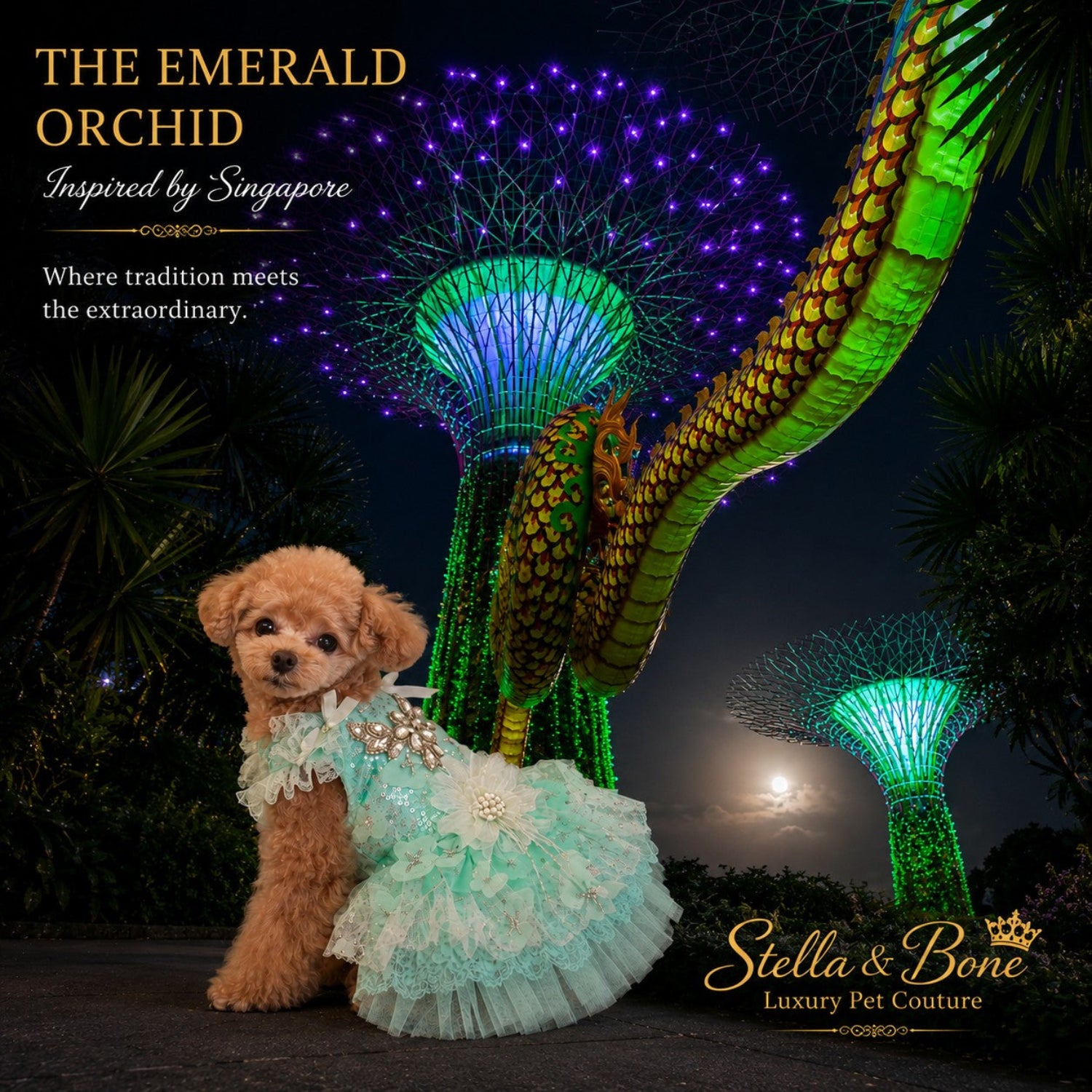 The Emerald Orchid couture dog wedding dress in mint green tulle, modeled by a small brown poodle at Gardens by the Bay.