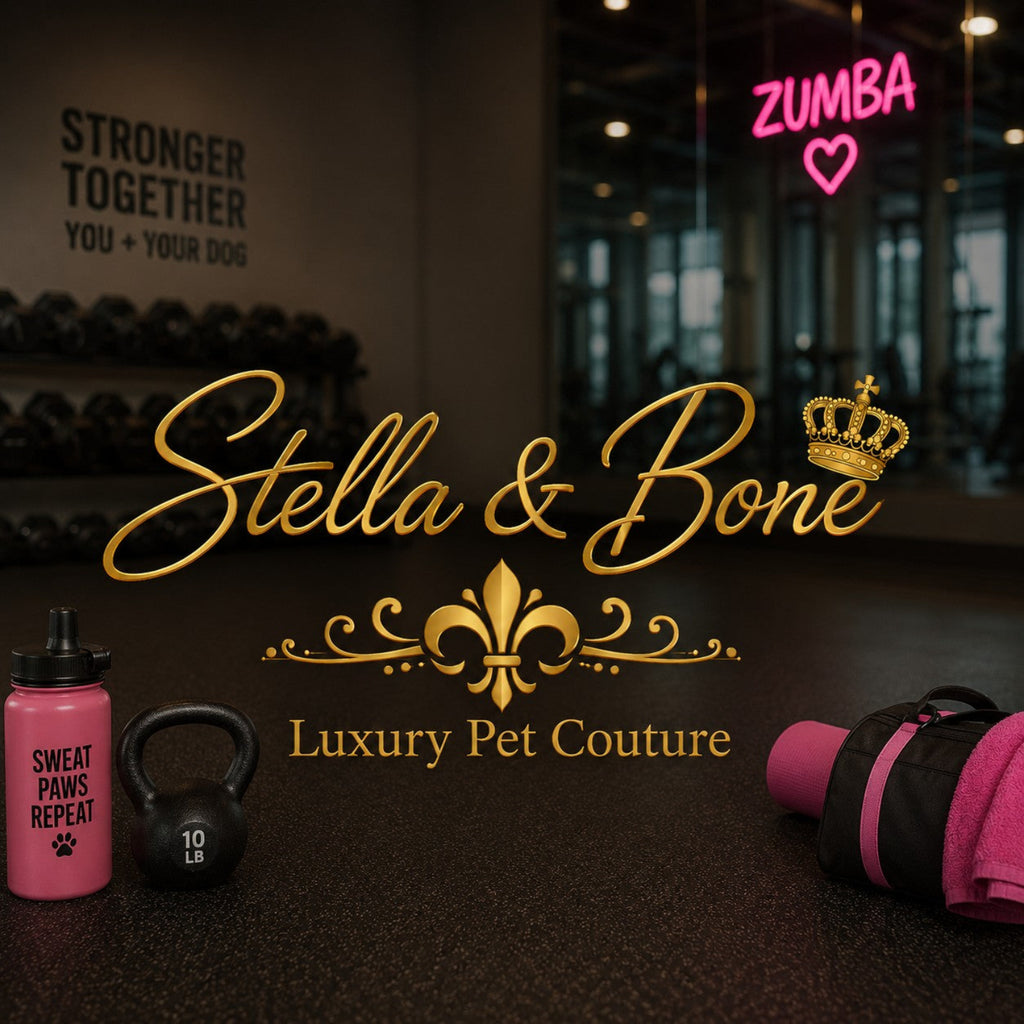 Promotional scene in a gym with Stella & Bone logo. Zumba sign, athletic wear for dogs