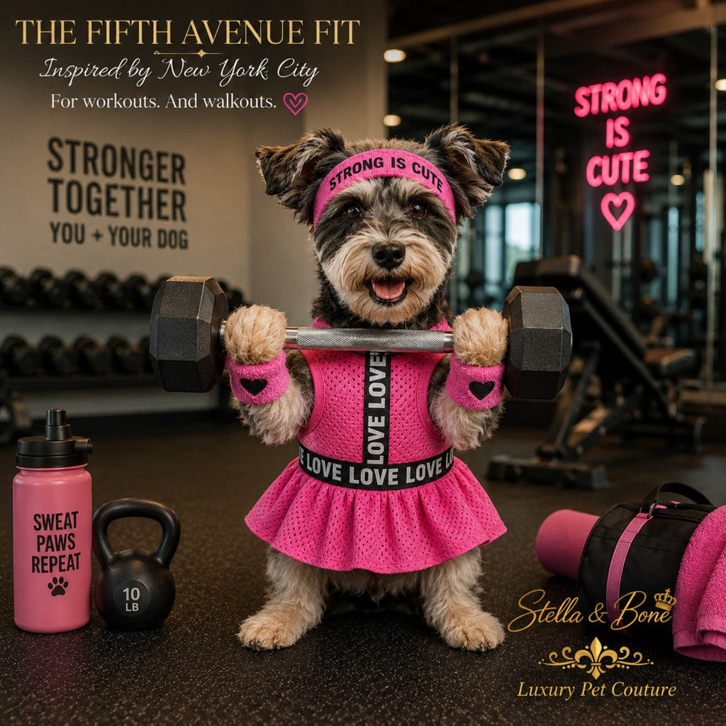 Dog lifting weights in the gym wearing The Fifth Avenue Fit, workout and walk wear for pets. 