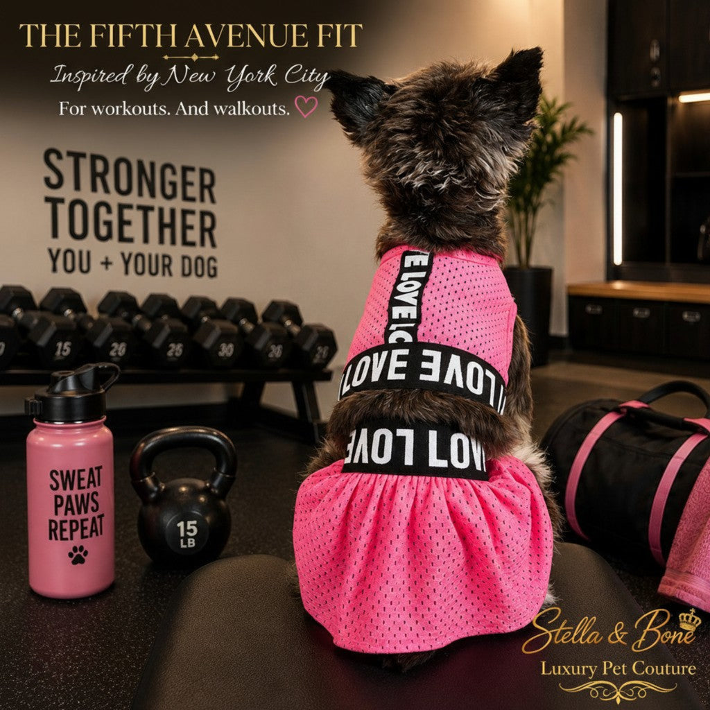 Back view of The Fifth Avenue Fit luxury dog dress in hot pink mesh featuring black love text straps in a boutique gym.