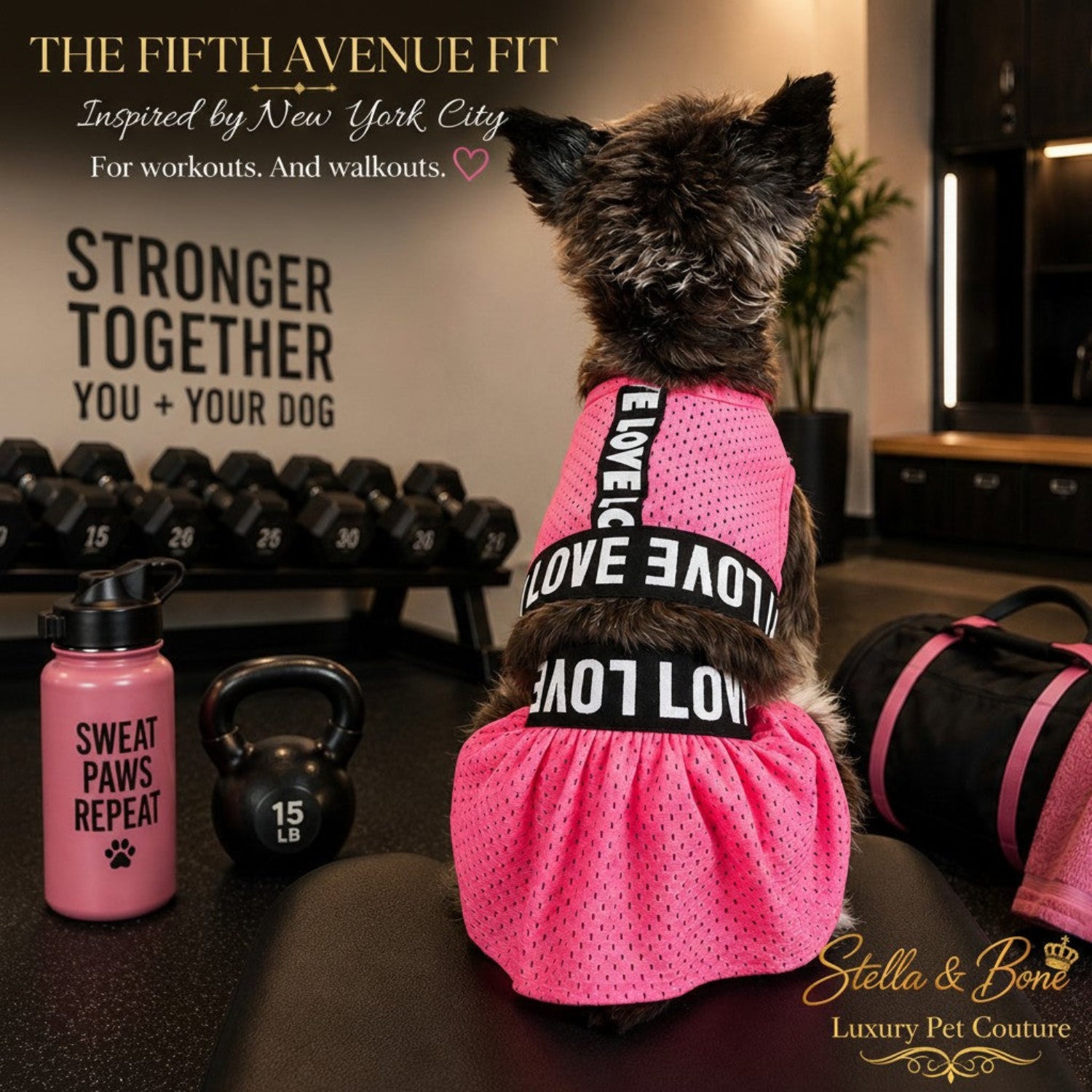 Back view of The Fifth Avenue Fit luxury dog dress in hot pink mesh featuring black love text straps in a boutique gym.