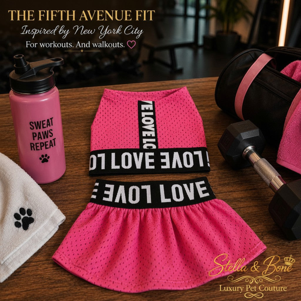 Flat lay view of The Fifth Avenue Fit luxury dog dress in hot pink athletic mesh with black and white love text straps.
