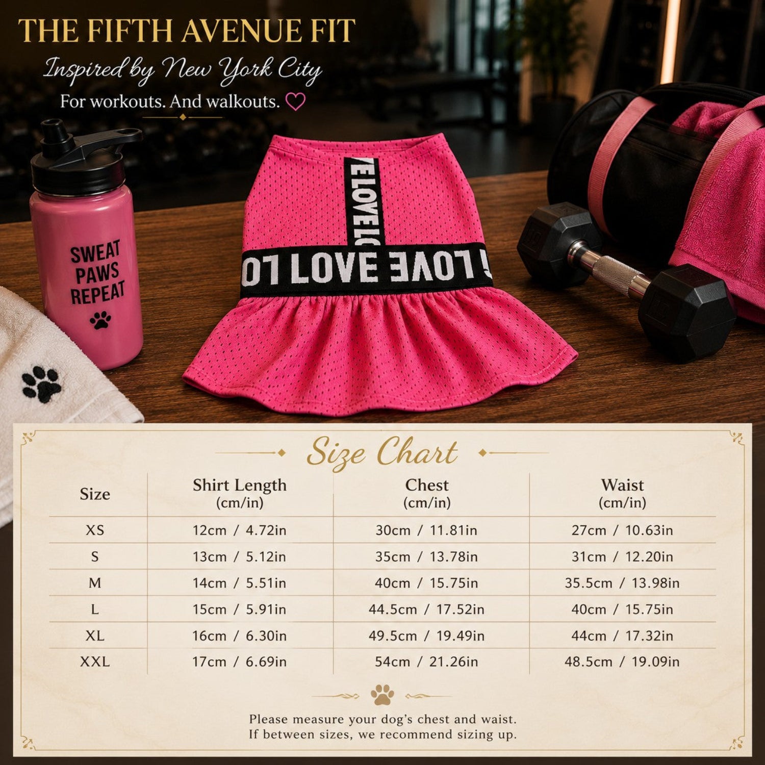 Size chart for The Fifth Avenue Fit luxury dog dress, featuring measurement tables from sizes extra small to double XL.