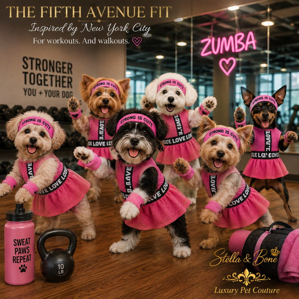 Six dogs dressed in matching pink workout outfits, The Fifth Avenue Fit with headbands and skirts and doing Zumba