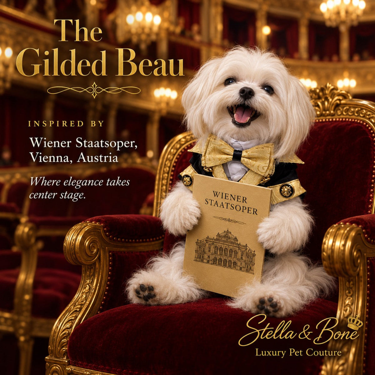 A small white laughing dog dressed in a gold bow tie and black-and-gold outift sits in an ornate red velvet and gold chair,  The Gilded Beau