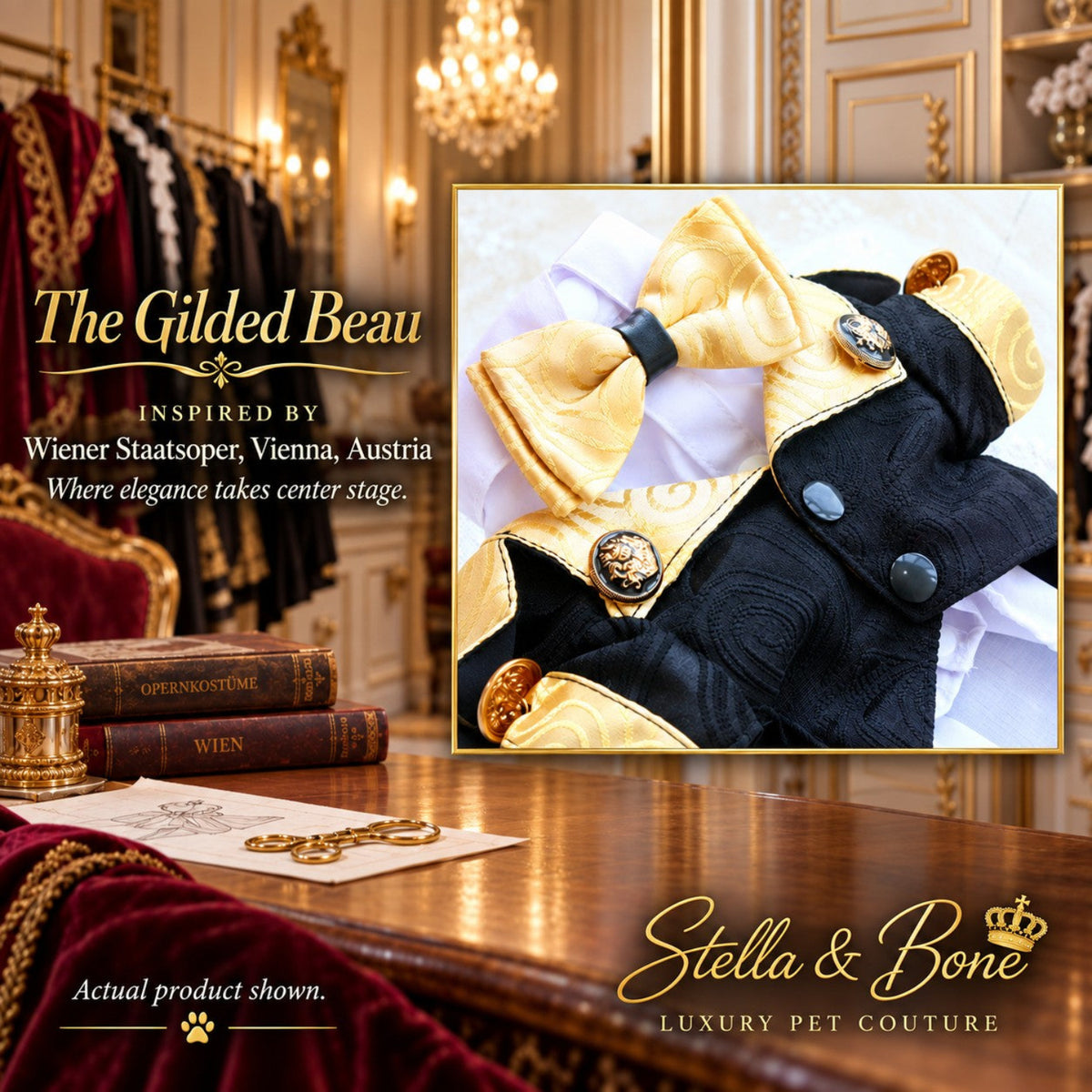The Gilded Beau featuring a black and gold embroidered dog jacket and a matching gold bow tie, presented in an elegant Vienna-inspired room setting.