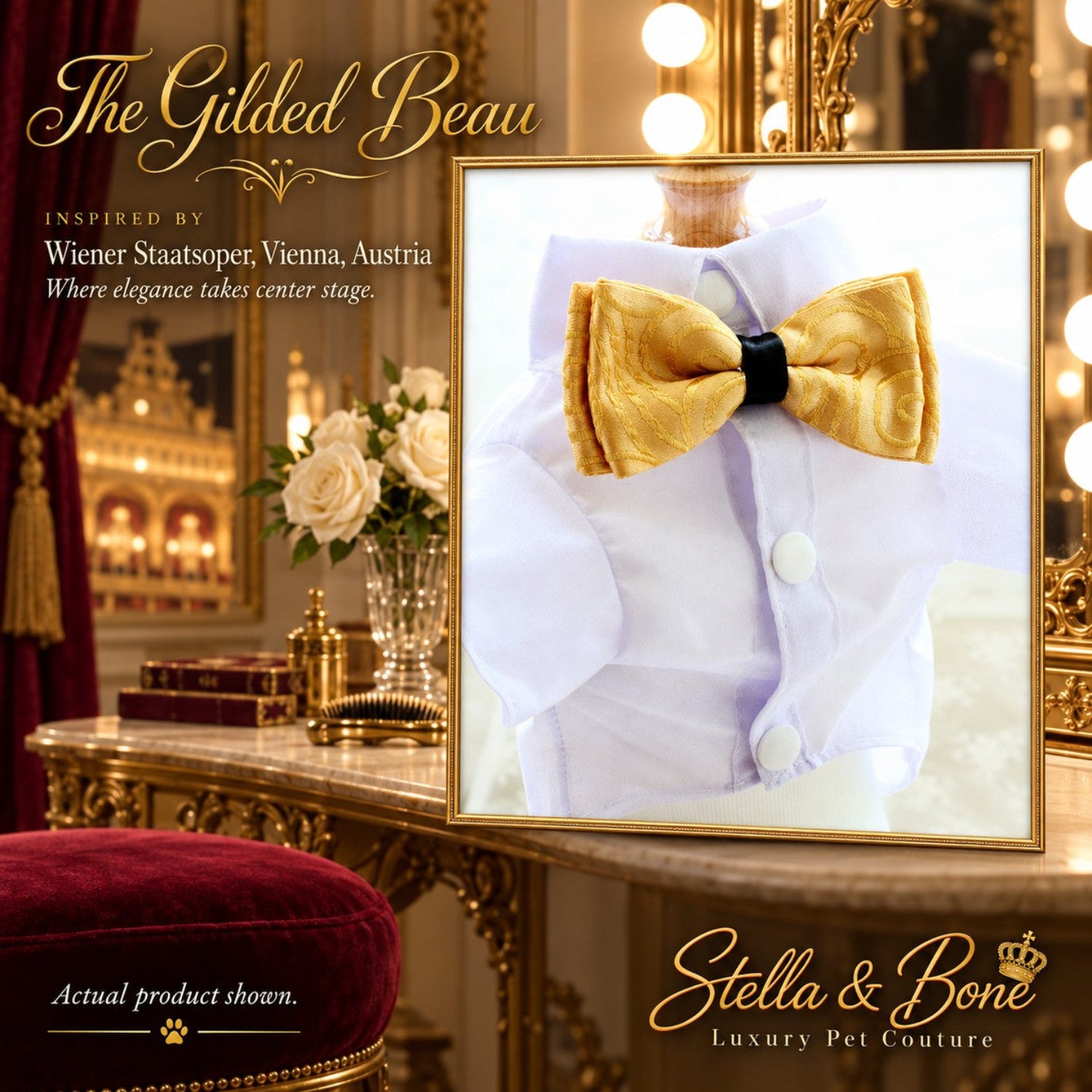A framed product display showing a small white pet outfit with a shiny gold bow tie and black center band - The Gilded Beau