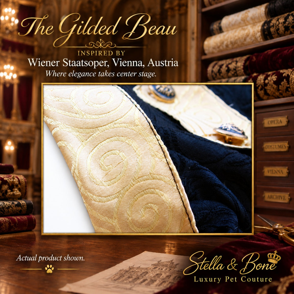Luxury dog tuxedo, The Gilded Beau in cream and navy blue with ornate gold embroidery