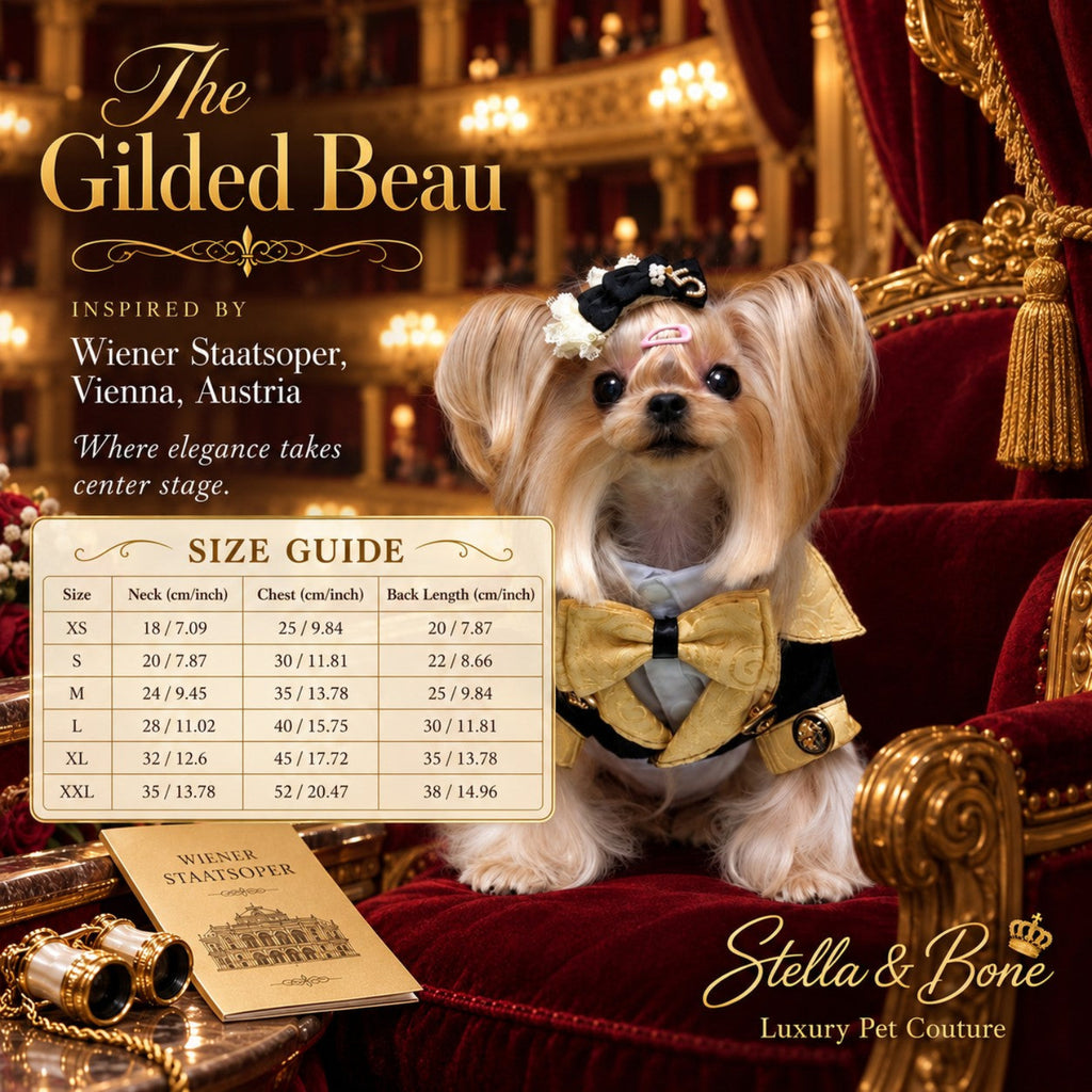 A small Shih Tzu dog wearing The Gilded Beau. Size chart includes standard sizing, bespoke customization is available